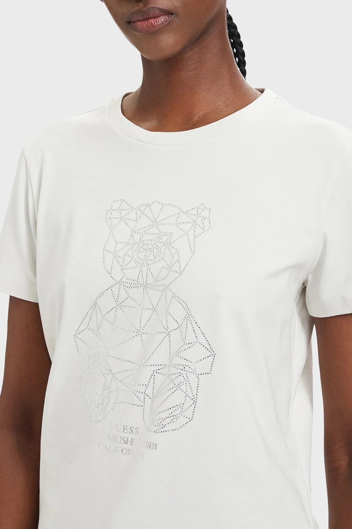 Guess Pamuklu Regular Fit Bisiklet Yaka Taşlı V6GI12K3325 Kadın T Shirt V6GI12 K3325 G056 EKRU - 4