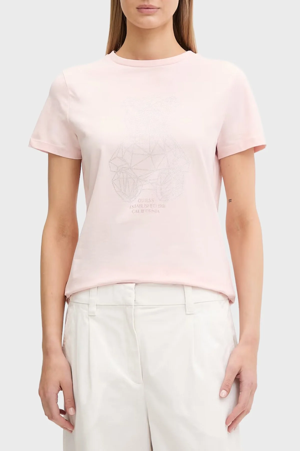Guess Pamuklu Regular Fit Bisiklet Yaka Taşlı V6GI12K3325 Kadın T Shirt V6GI12 K3325 G63M PUDRA - 1