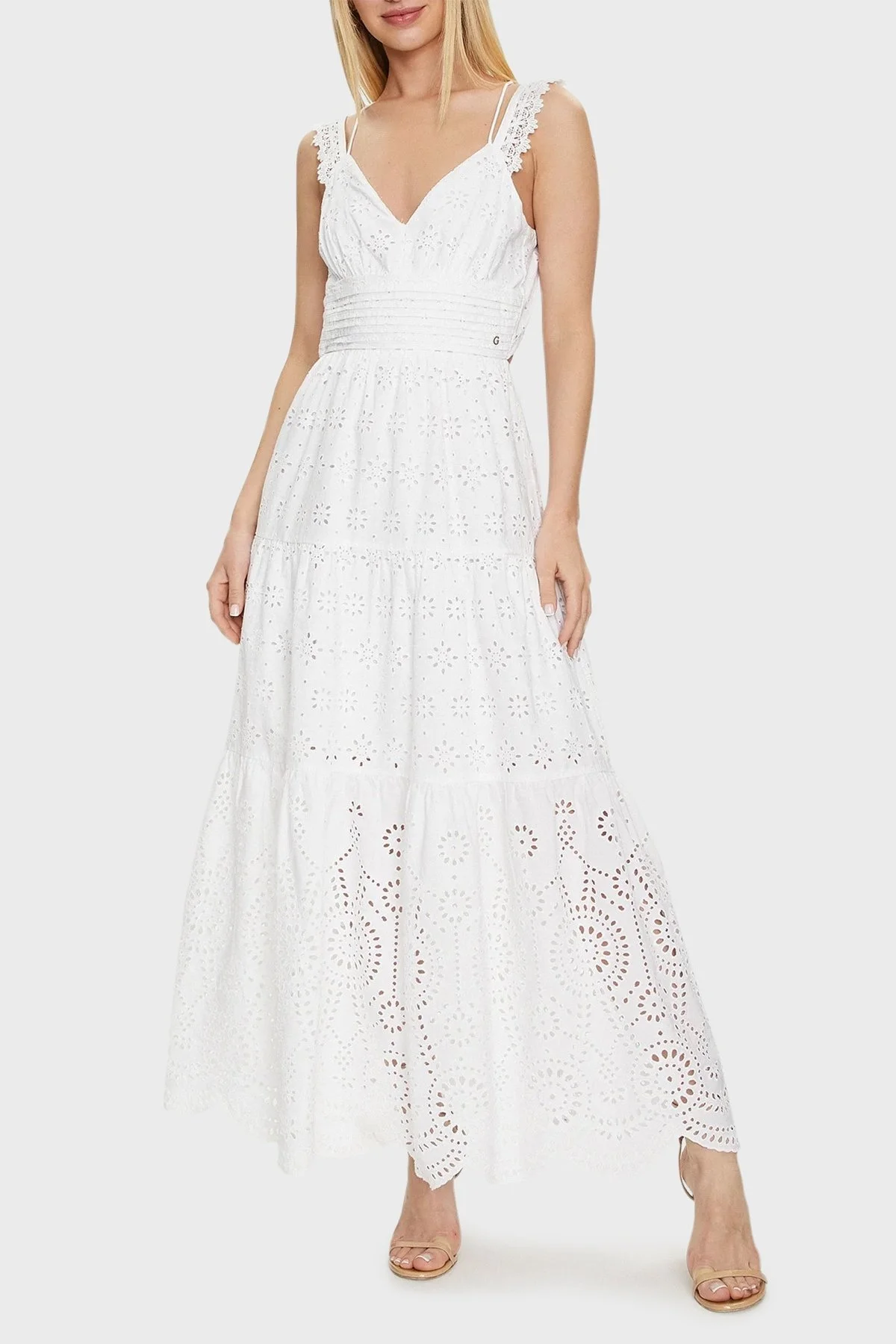 Guess Pamuklu Regular Fit Güpürlü Uzun Bayan Elbise W4GK46 WG571 G011 BEYAZ - 1