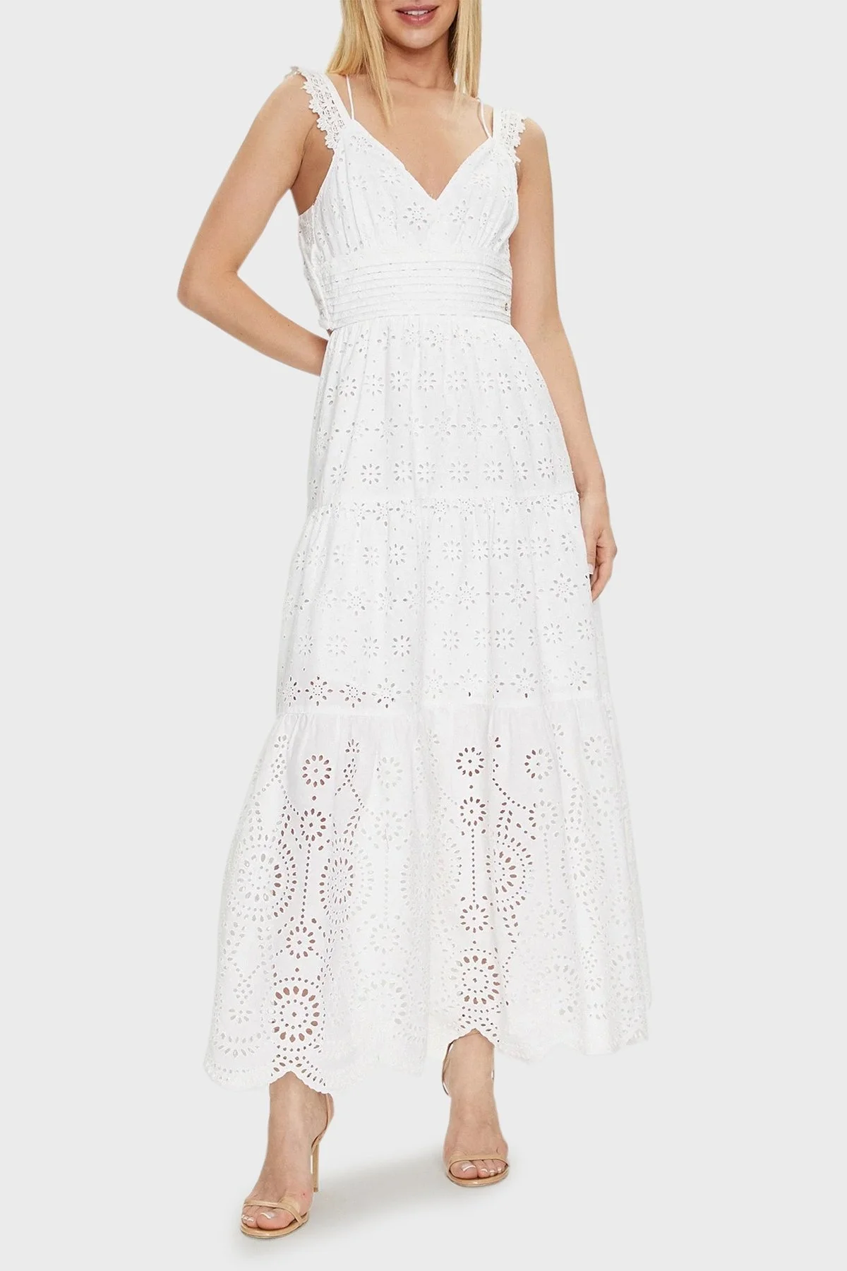 Guess Pamuklu Regular Fit Güpürlü Uzun Bayan Elbise W4GK46 WG571 G011 BEYAZ - 2