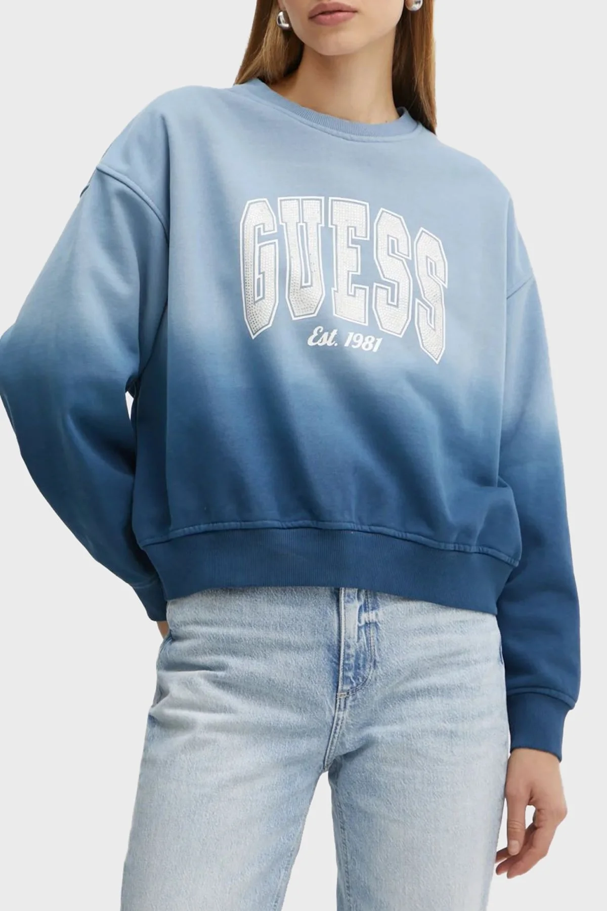 Guess Pamuklu Relaxed Fit Bisiklet Yaka Logolu W4BQ10KBY51 Bayan Sweat W4BQ10 KBY51 FB5P MAVİ - 1