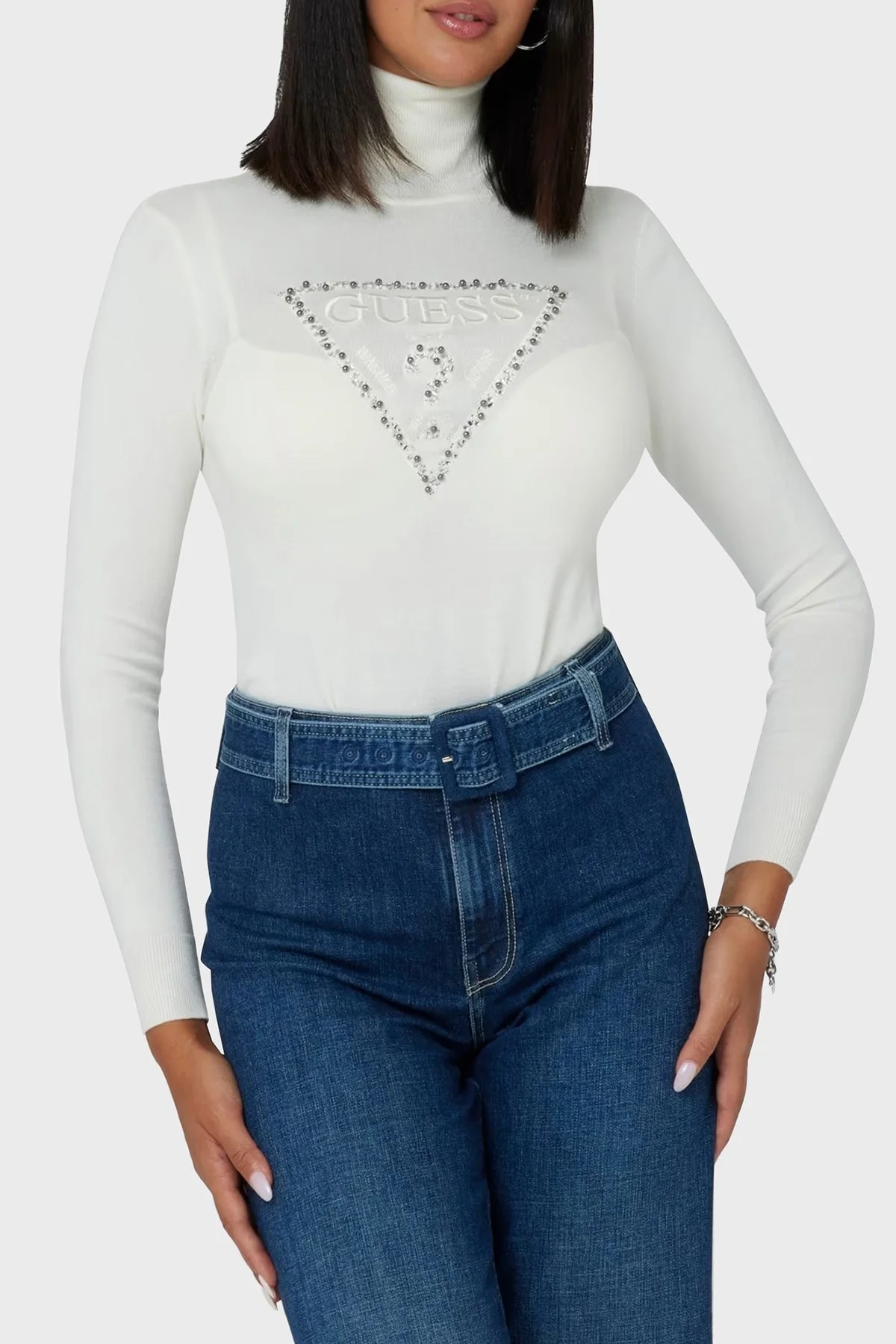 Guess Piper Taşlı Slim Fit Balıkçı Yaka W4BR03Z2NQ2 Bayan Kazak W4BR03 Z2NQ2 G012 EKRU - 1