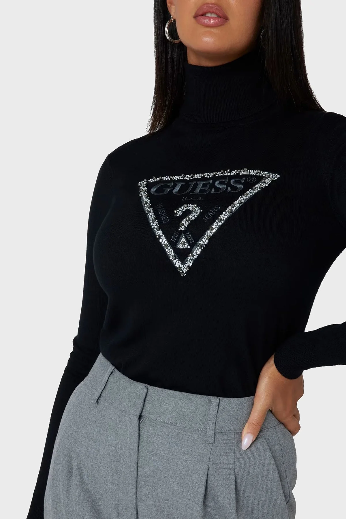 Guess Piper Taşlı Slim Fit Balıkçı Yaka W4BR03Z2NQ2 Bayan Kazak W4BR03 Z2NQ2 JBLK SİYAH - 3