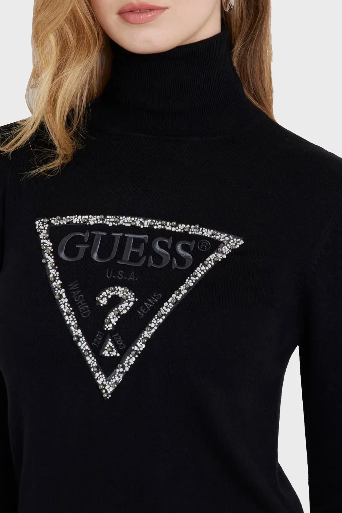 Guess Piper Taşlı Slim Fit Balıkçı Yaka W4BR03Z2NQ2 Bayan Kazak W4BR03 Z2NQ2 JBLK SİYAH - 4