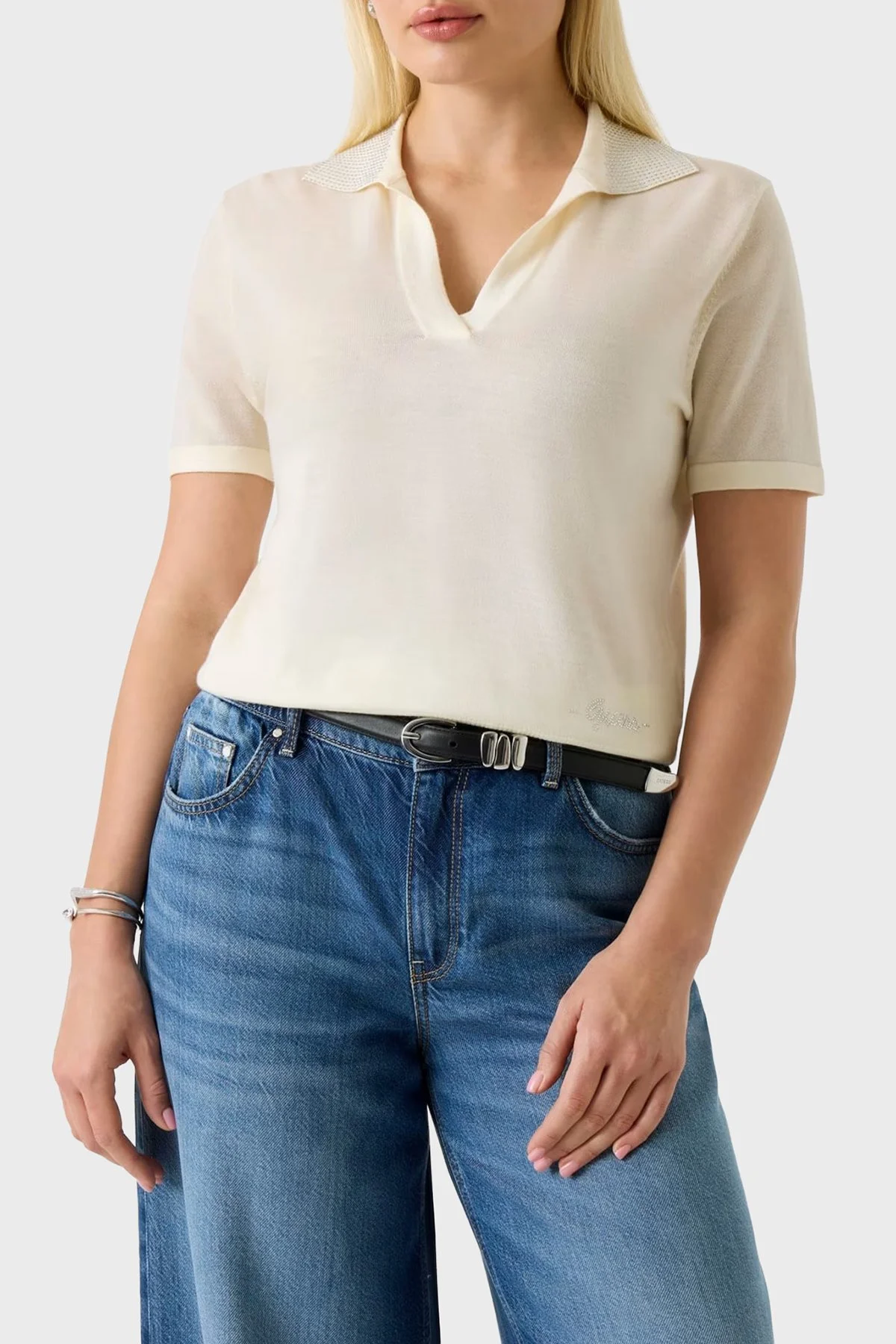 Guess Polo % 100 Yün Regular Fit Taş Detaylı W6GR03Z0583 Bayan Polo Yaka Kazak W6GR03 Z0583 G012 KREM - 1