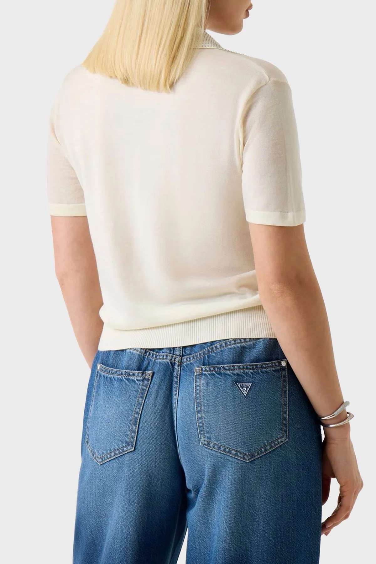 Guess Polo % 100 Yün Regular Fit Taş Detaylı W6GR03Z0583 Bayan Polo Yaka Kazak W6GR03 Z0583 G012 KREM - 3