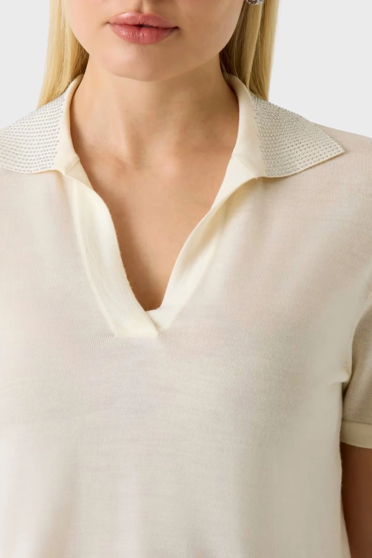 Guess Polo % 100 Yün Regular Fit Taş Detaylı W6GR03Z0583 Bayan Polo Yaka Kazak W6GR03 Z0583 G012 KREM - 4