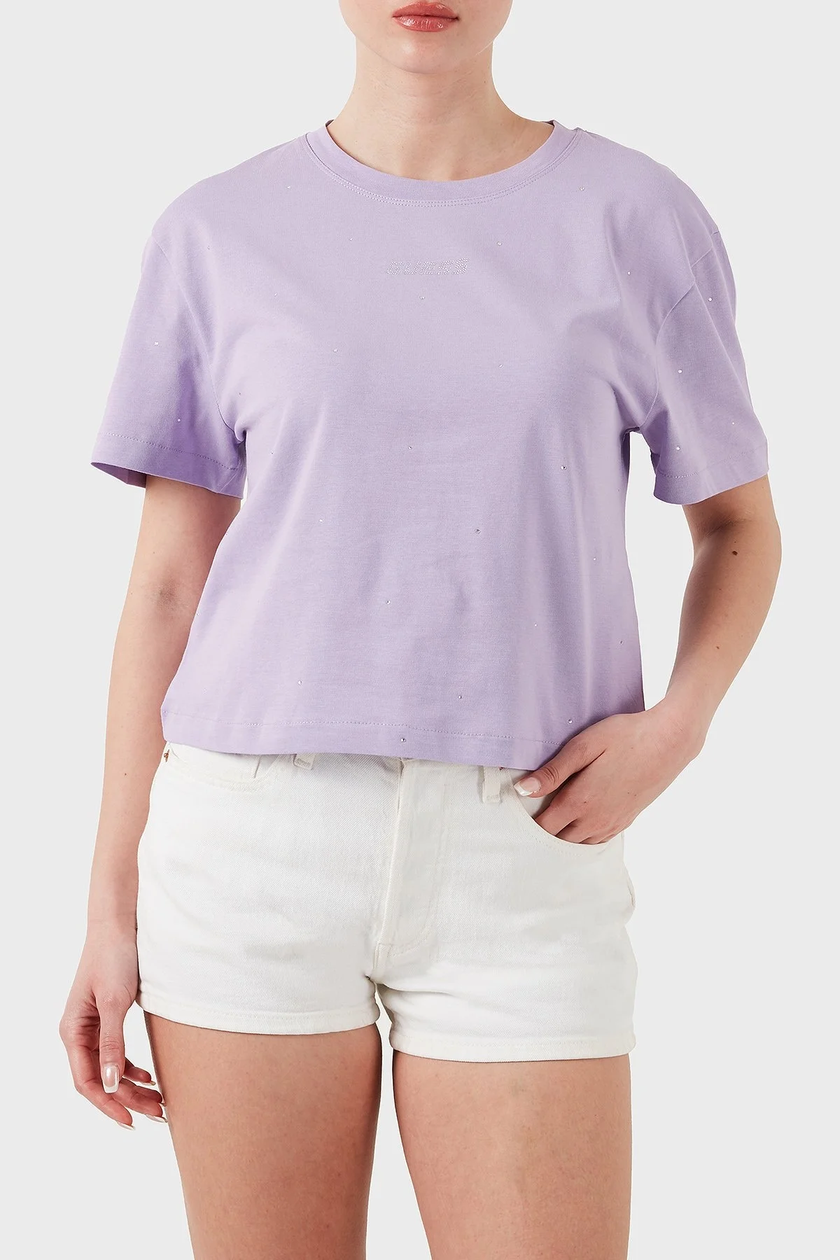 Guess Primula Taşlı Logolu Pamuklu Boxy Fit Bisiklet Yaka V5GI00I3Z14 Bayan T Shirt V5GI00 I3Z14 G4I5 MOR - 7