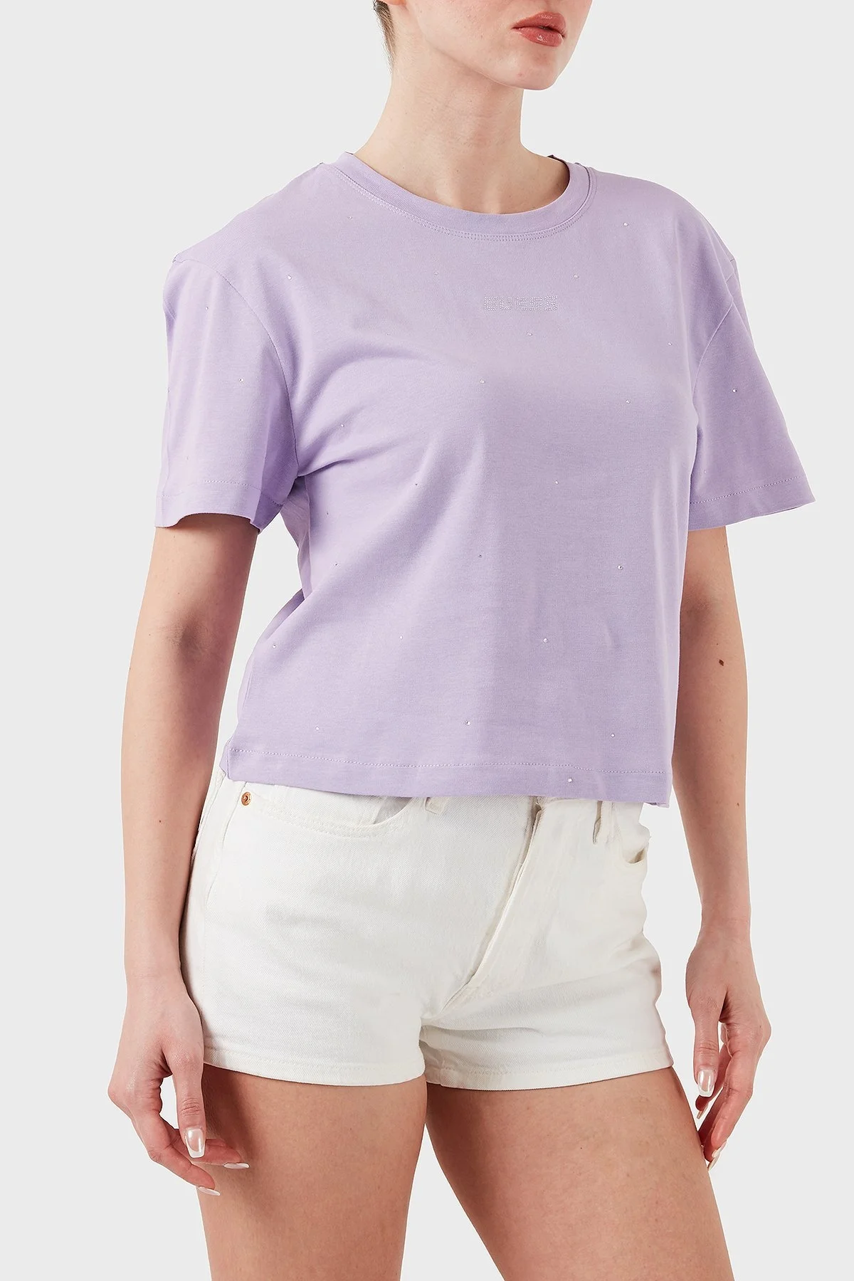 Guess Primula Taşlı Logolu Pamuklu Boxy Fit Bisiklet Yaka V5GI00I3Z14 Bayan T Shirt V5GI00 I3Z14 G4I5 MOR - 10