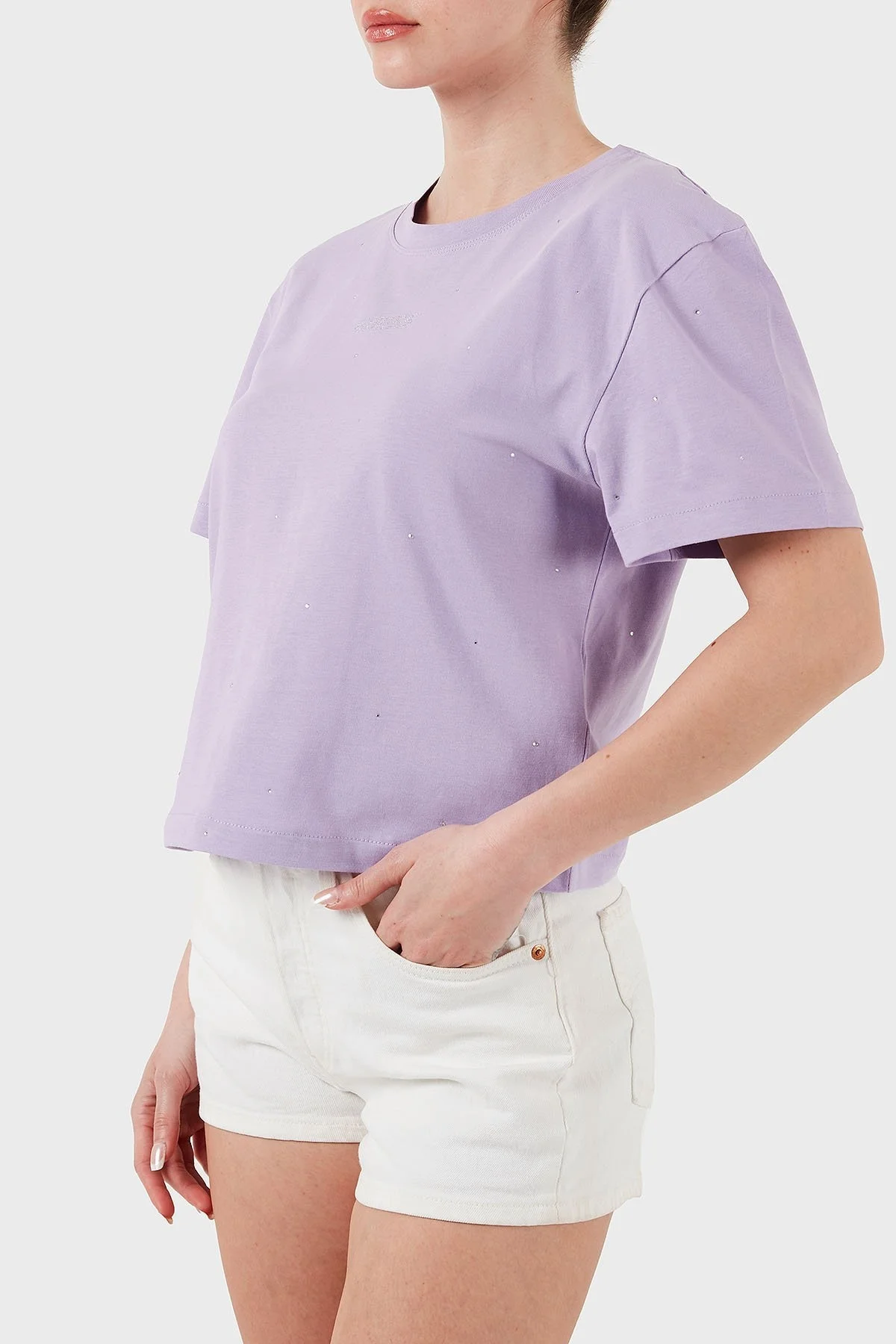 Guess Primula Taşlı Logolu Pamuklu Boxy Fit Bisiklet Yaka V5GI00I3Z14 Bayan T Shirt V5GI00 I3Z14 G4I5 MOR - 11