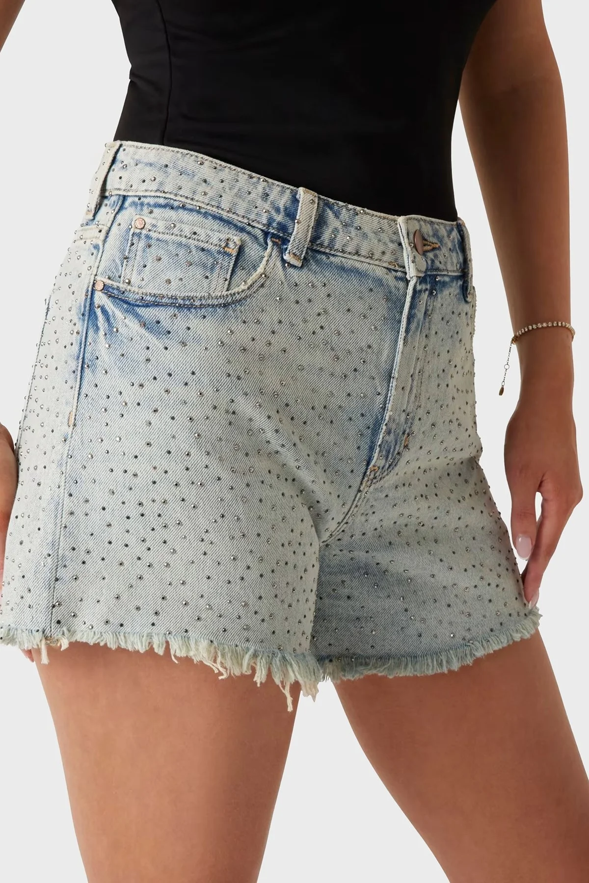 Guess Relaxed Yüksek Bel Pamuklu Taşlı W5GD74D5LQ2 Bayan Short W5GD74 D5LQ2 GRBG AÇIK MAVİ - 8