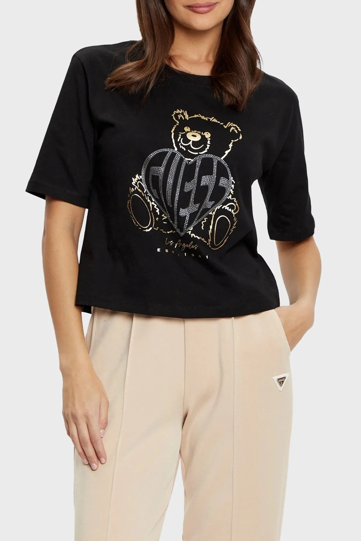 Guess Rhinestones % 100 Pamuk Regular Fit Taşlı Logolu V5RI09I3Z14 Bayan T Shirt V5RI09 I3Z14 JBLK SİYAH - 6