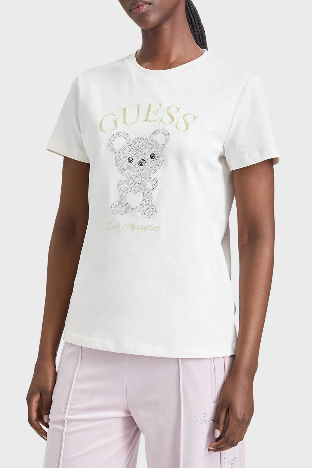 Guess Rhinestones Logolu % 100 Pamuk Bisiklet Yaka V6BI28K9360 Kadın T Shirt V6BI28 K9360 G012 Beyaz - 1