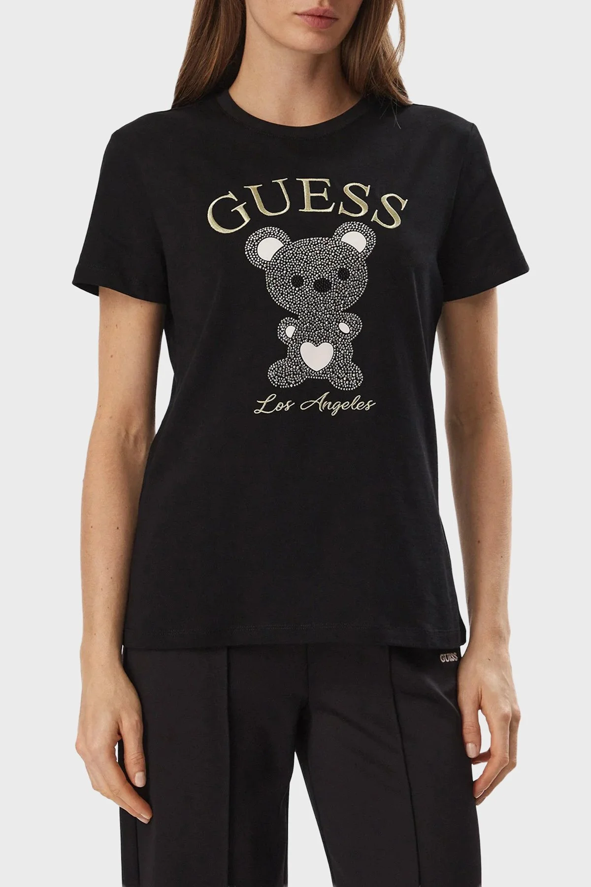 Guess Rhinestones Logolu % 100 Pamuk Bisiklet Yaka V6BI28K9360 Kadın T Shirt V6BI28 K9360 JBLK Siyah - 1