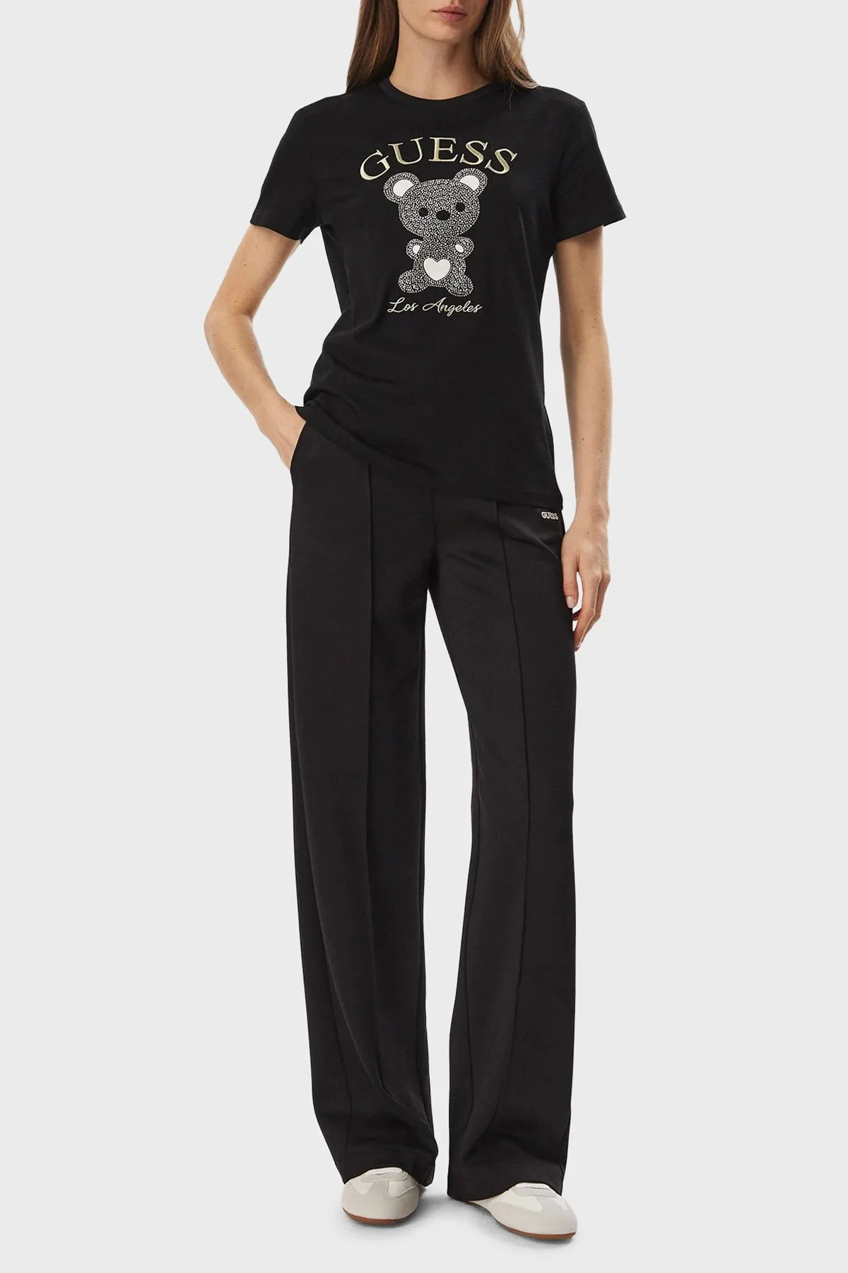 Guess Rhinestones Logolu % 100 Pamuk Bisiklet Yaka V6BI28K9360 Kadın T Shirt V6BI28 K9360 JBLK Siyah - 2