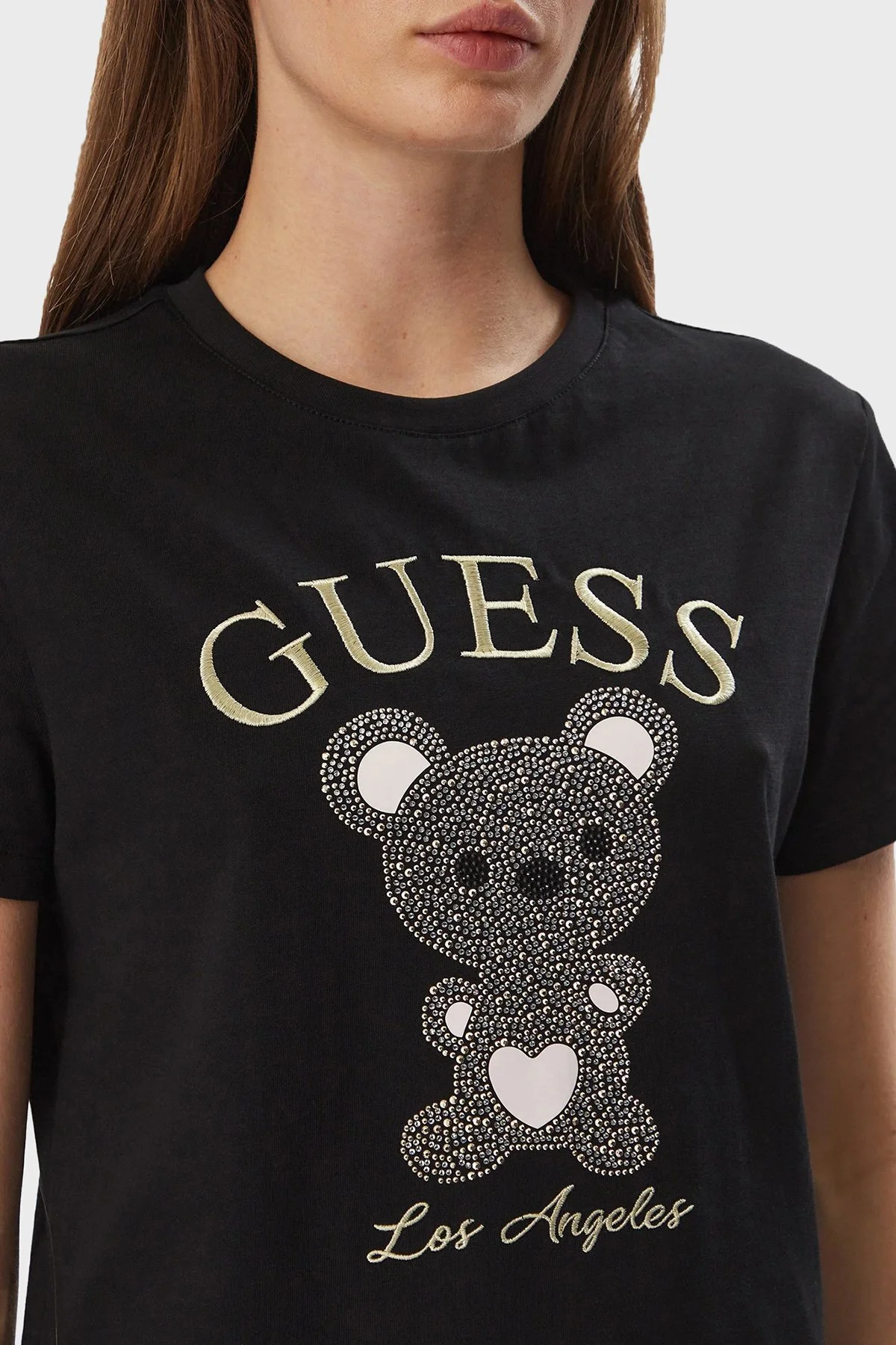 Guess Rhinestones Logolu % 100 Pamuk Bisiklet Yaka V6BI28K9360 Kadın T Shirt V6BI28 K9360 JBLK Siyah - 4