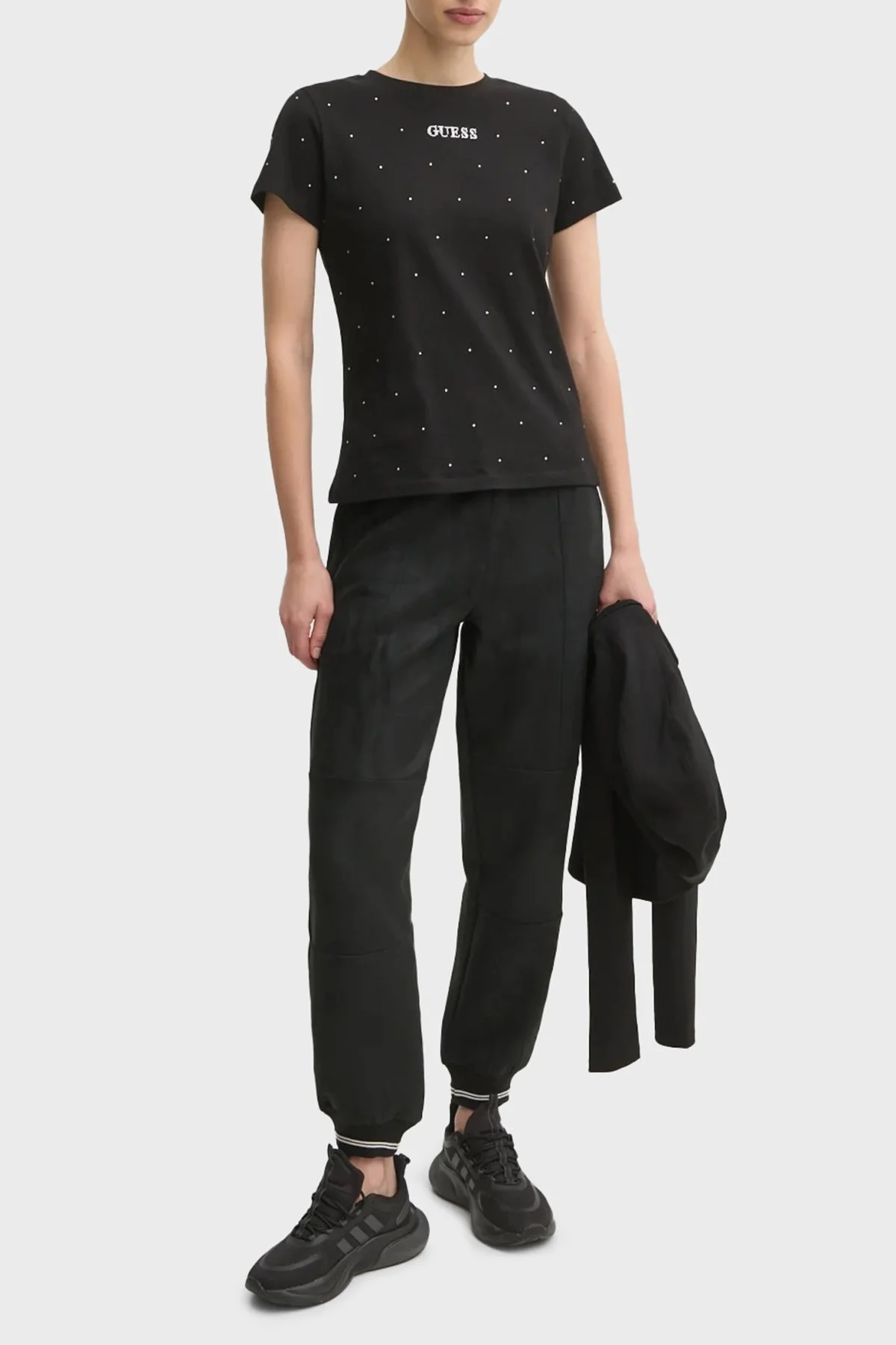 Guess Rhinestones Pamuk Karışımlı Regular Fit Tamamı Taşlı V5RI18I3Z14 Bayan T Shirt V5RI18 I3Z14 JBLK SİYAH - 2