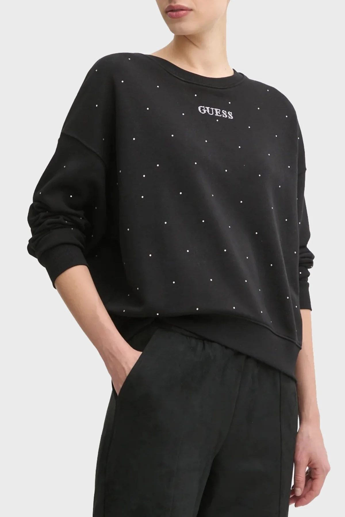 Guess Rhinestones Pamuk Karışımlı Relaxed Fit Tamamı Taşlı V5RQ08KCLJ0 Bayan Sweat V5RQ08 KCLJ0 JBLK SİYAH - 6
