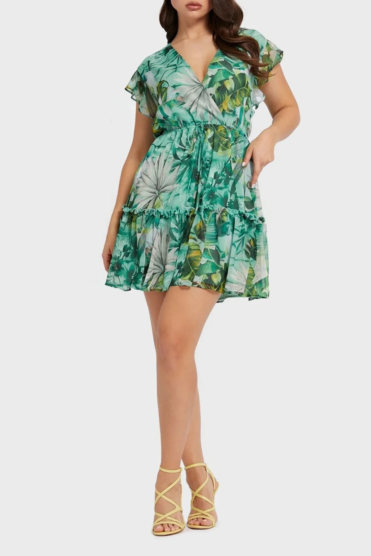 Guess Rosa Çiçekli Volanlı Kruvaze Yaka Mini Bayan Elbise W2GK43WEL02 P82U YEŞİL - 2