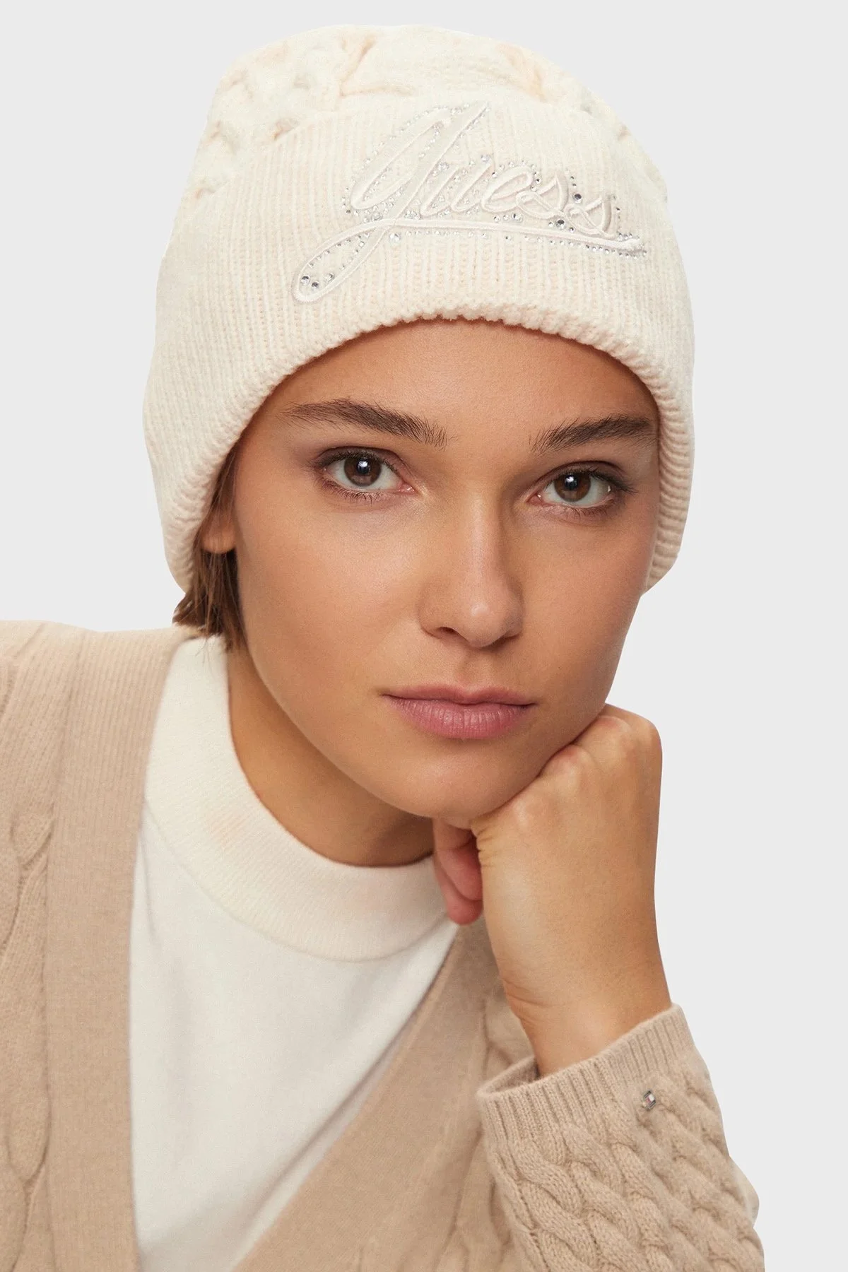 Guess Roselyn Taşlı Logo İşlemeli Örgü W4BZ24Z3362 Bayan Bere W4BZ24 Z3362 G1M5 EKRU - 3