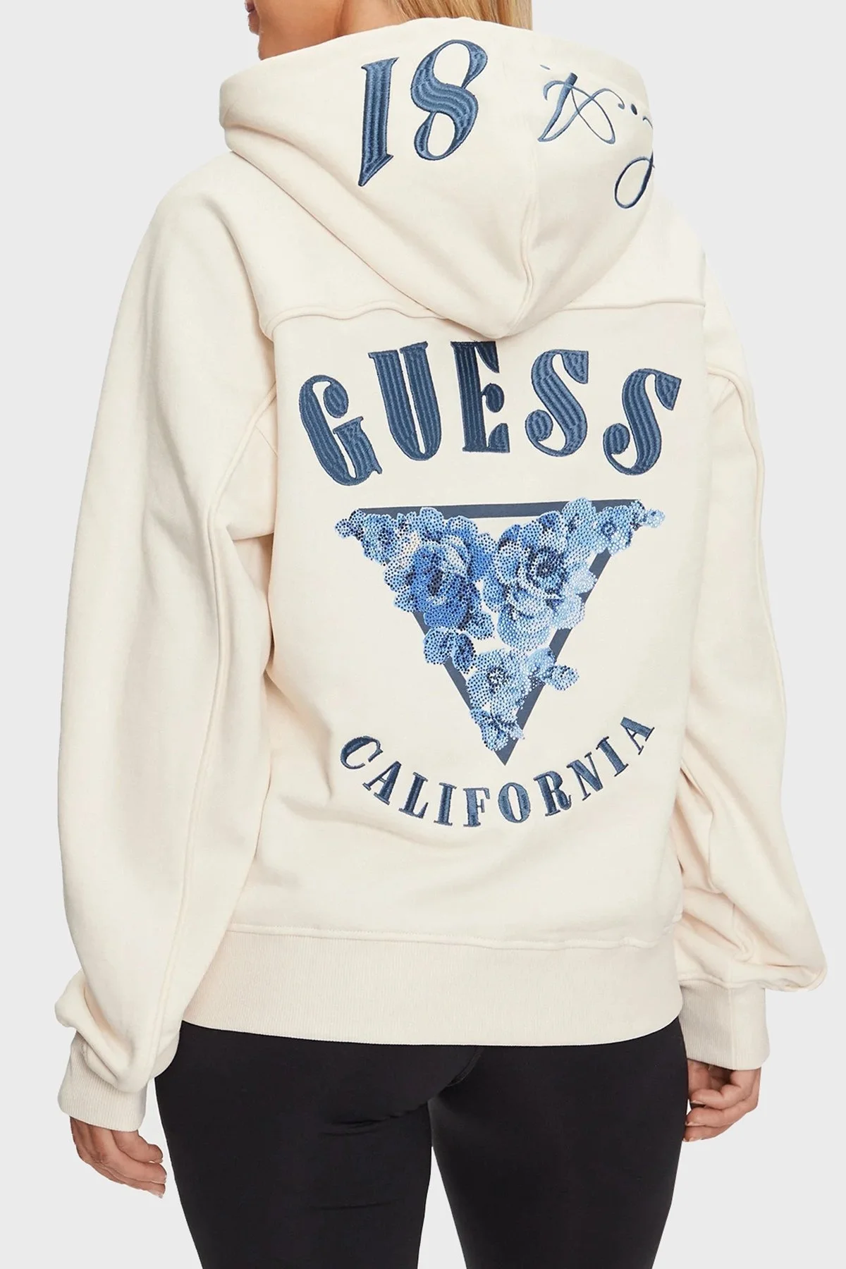 Guess Roses Taşlı Pamuklu Oversize Fit Kapüşonlu Yaka W4BQ05KBY51 Bayan Sweat W4BQ05 KBY51 G012 EKRU - 1