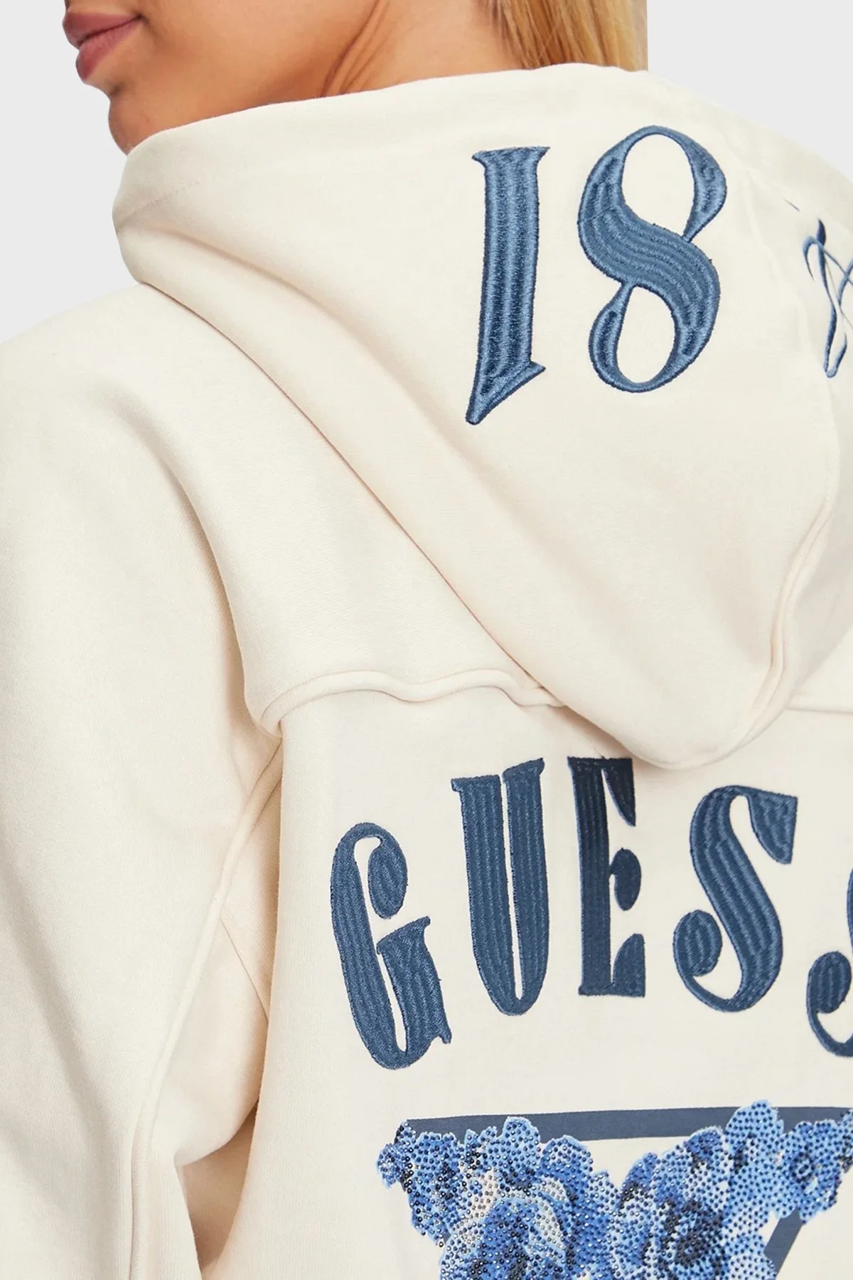 Guess Roses Taşlı Pamuklu Oversize Fit Kapüşonlu Yaka W4BQ05KBY51 Bayan Sweat W4BQ05 KBY51 G012 EKRU - 5