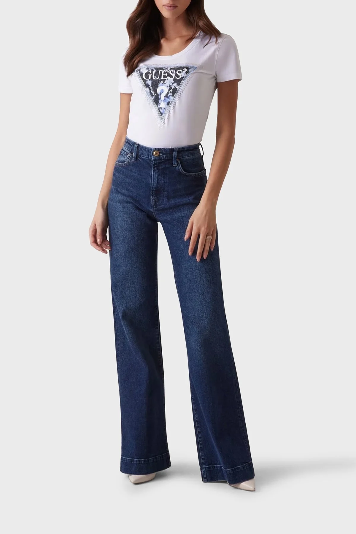 Guess S s Cn Triangle Pamuklu Slim Fit Çiçek Desenli Üçgen Logolu W5RI00J1314 Bayan T Shirt W5RI00 J1314 G011 BEYAZ - 7