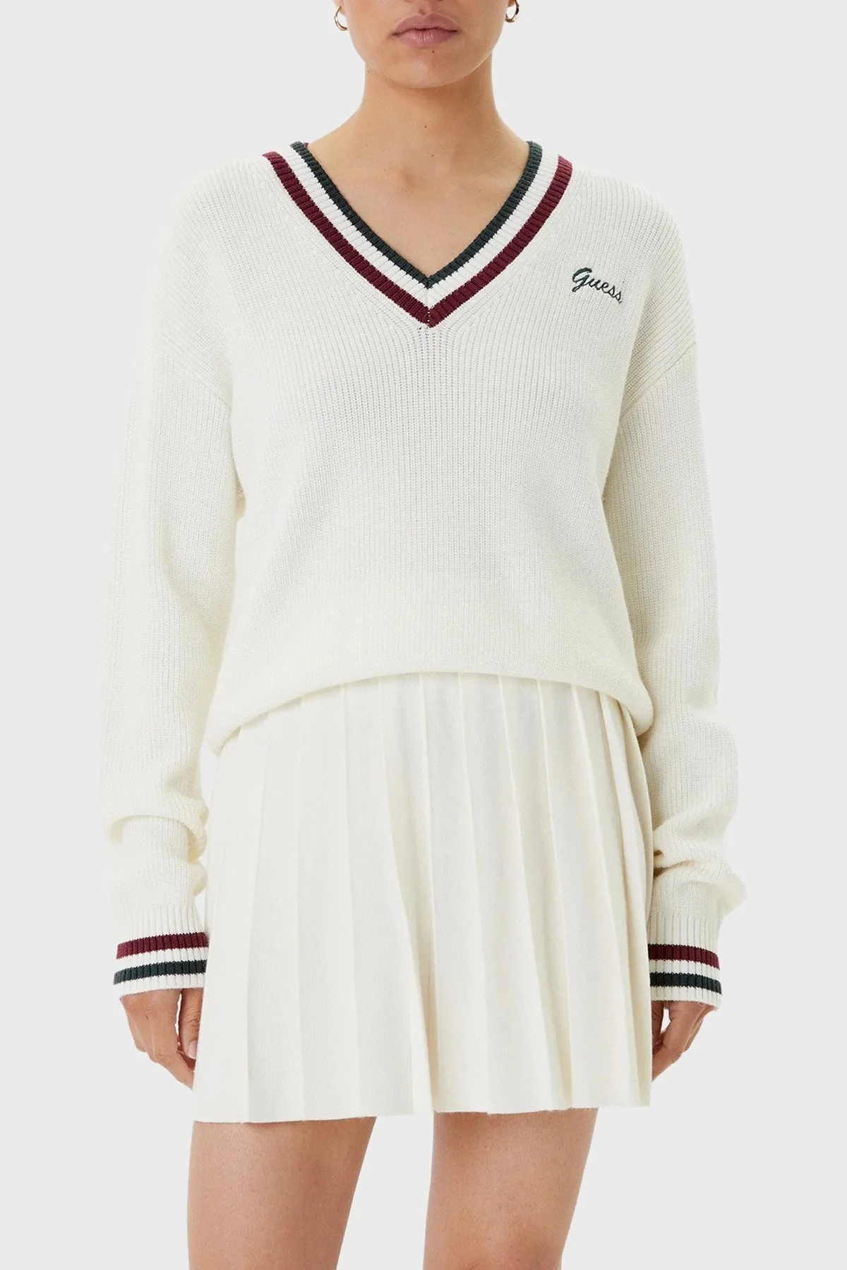 Guess Sabina Şeritli Yün Karışımlı Regular Fit V Yaka V5BR01Z1152 Bayan Kazak V5BR01 Z1152 G054 EKRU - 1