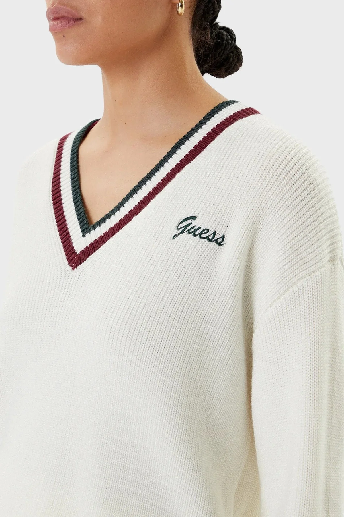 Guess Sabina Şeritli Yün Karışımlı Regular Fit V Yaka V5BR01Z1152 Bayan Kazak V5BR01 Z1152 G054 EKRU - 4