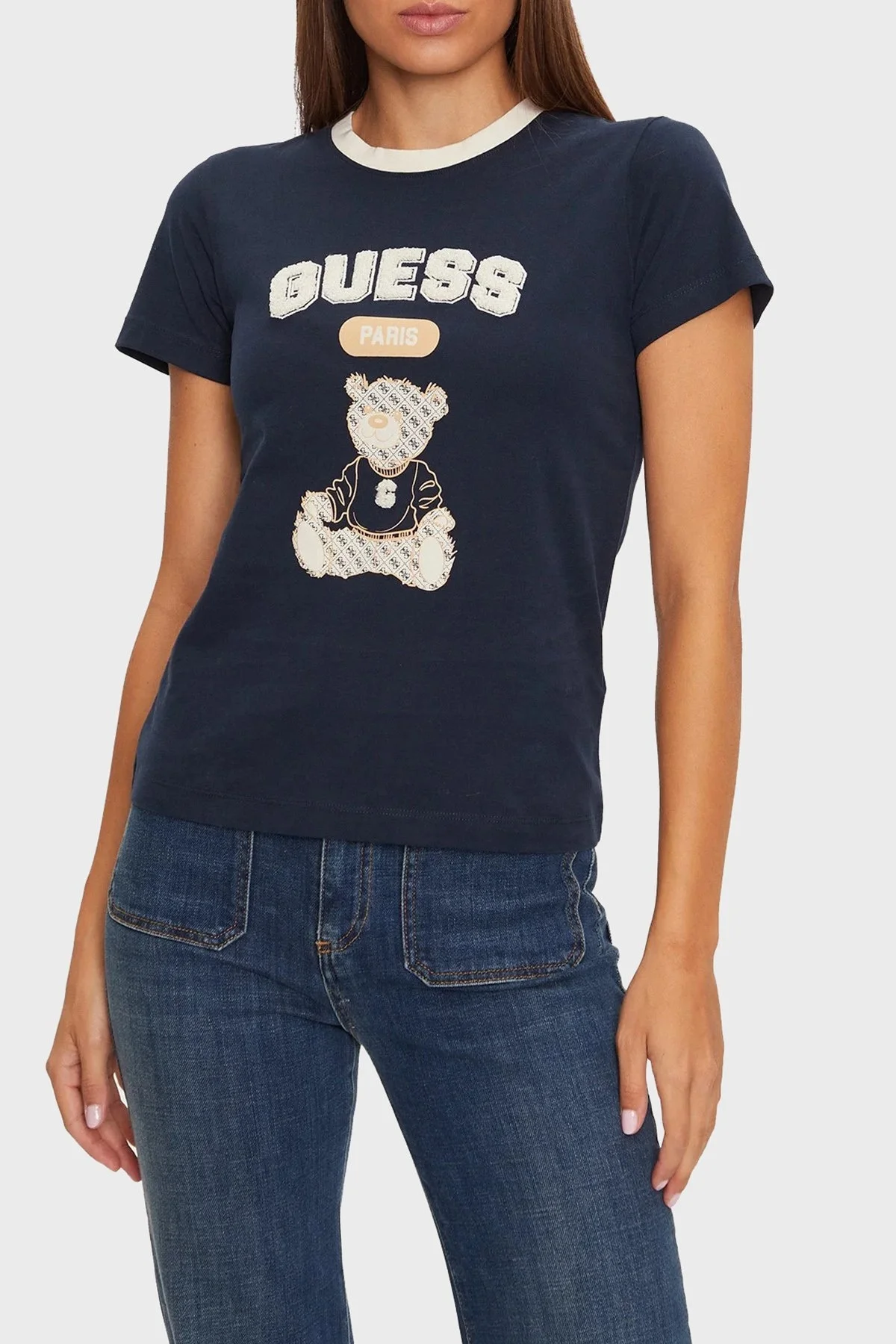 Guess Sarah % 100 Pamuk Slim Fit Bisiklet Yaka Crop V4BI10KA260 Bayan T Shirt V4BI10 KA260 A71W LACİVERT - 1