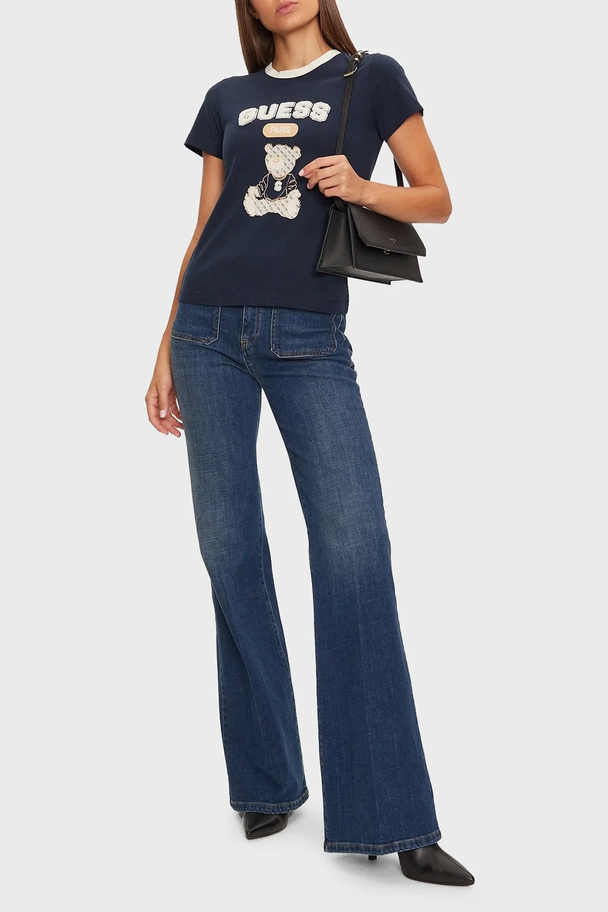 Guess Sarah % 100 Pamuk Slim Fit Bisiklet Yaka Crop V4BI10KA260 Bayan T Shirt V4BI10 KA260 A71W LACİVERT - 3