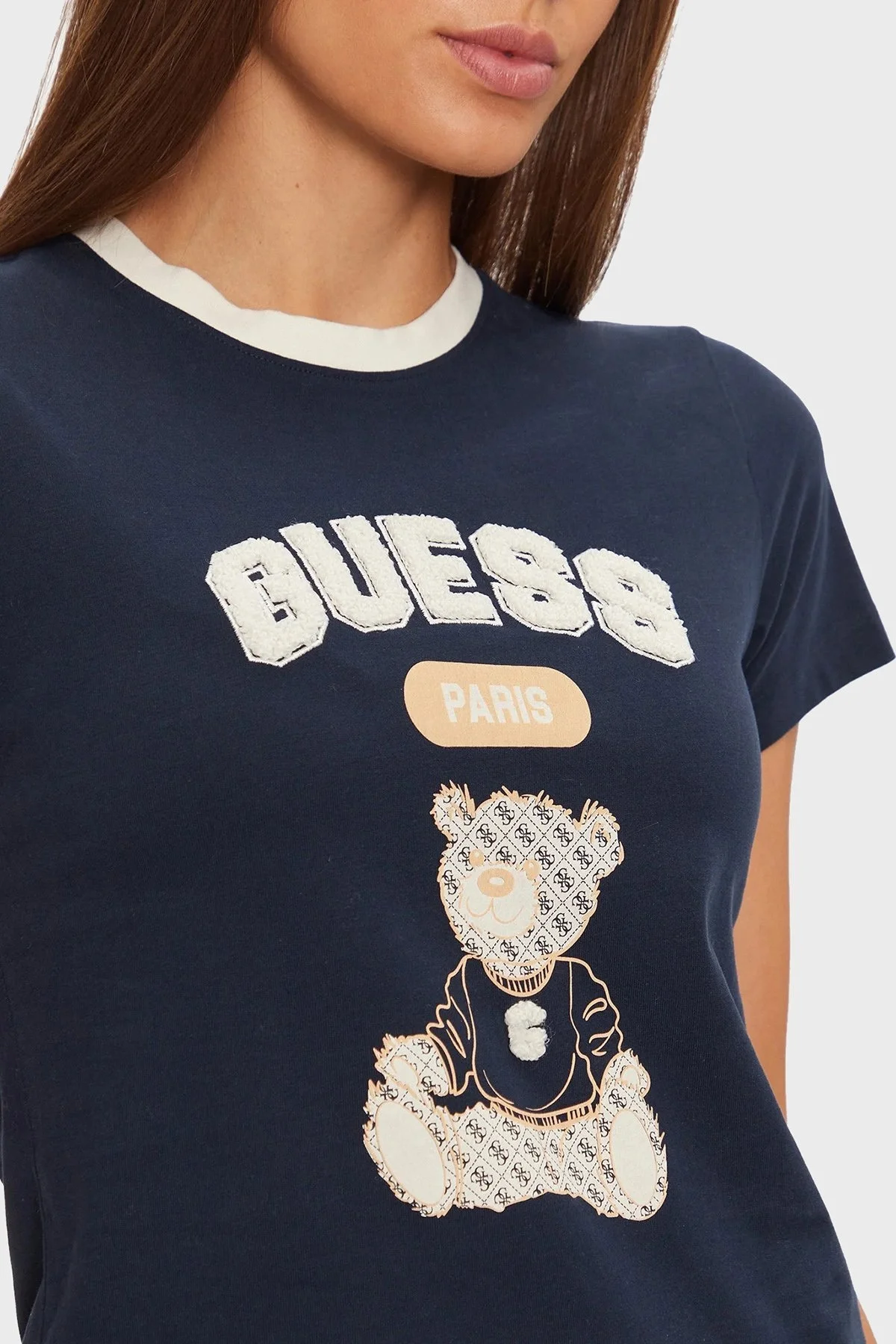 Guess Sarah % 100 Pamuk Slim Fit Bisiklet Yaka Crop V4BI10KA260 Bayan T Shirt V4BI10 KA260 A71W LACİVERT - 4