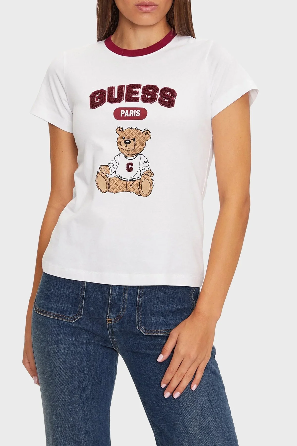 Guess Sarah % 100 Pamuk Slim Fit Bisiklet Yaka Crop V4BI10KA260 Bayan T Shirt V4BI10 KA260 G011 BEYAZ - 6
