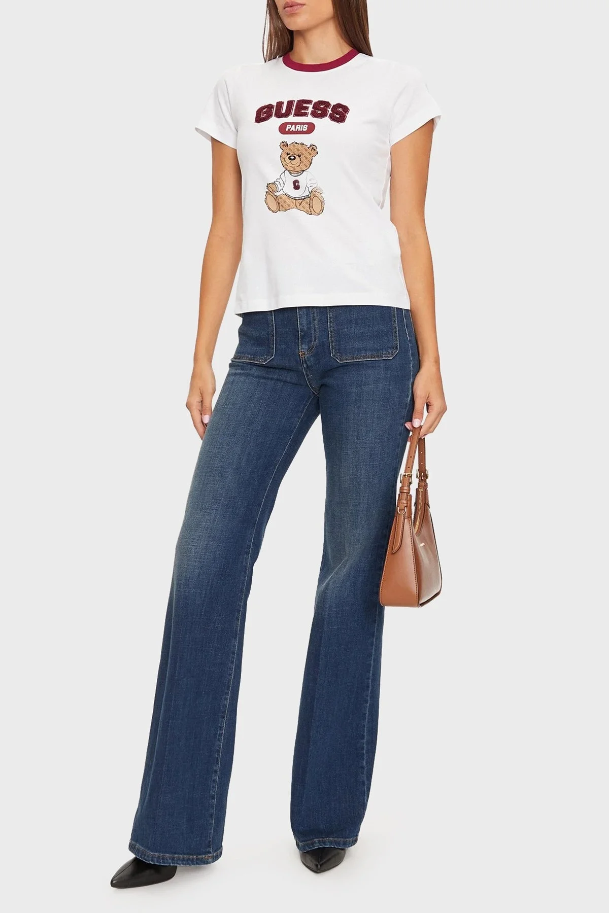 Guess Sarah % 100 Pamuk Slim Fit Bisiklet Yaka Crop V4BI10KA260 Bayan T Shirt V4BI10 KA260 G011 BEYAZ - 8