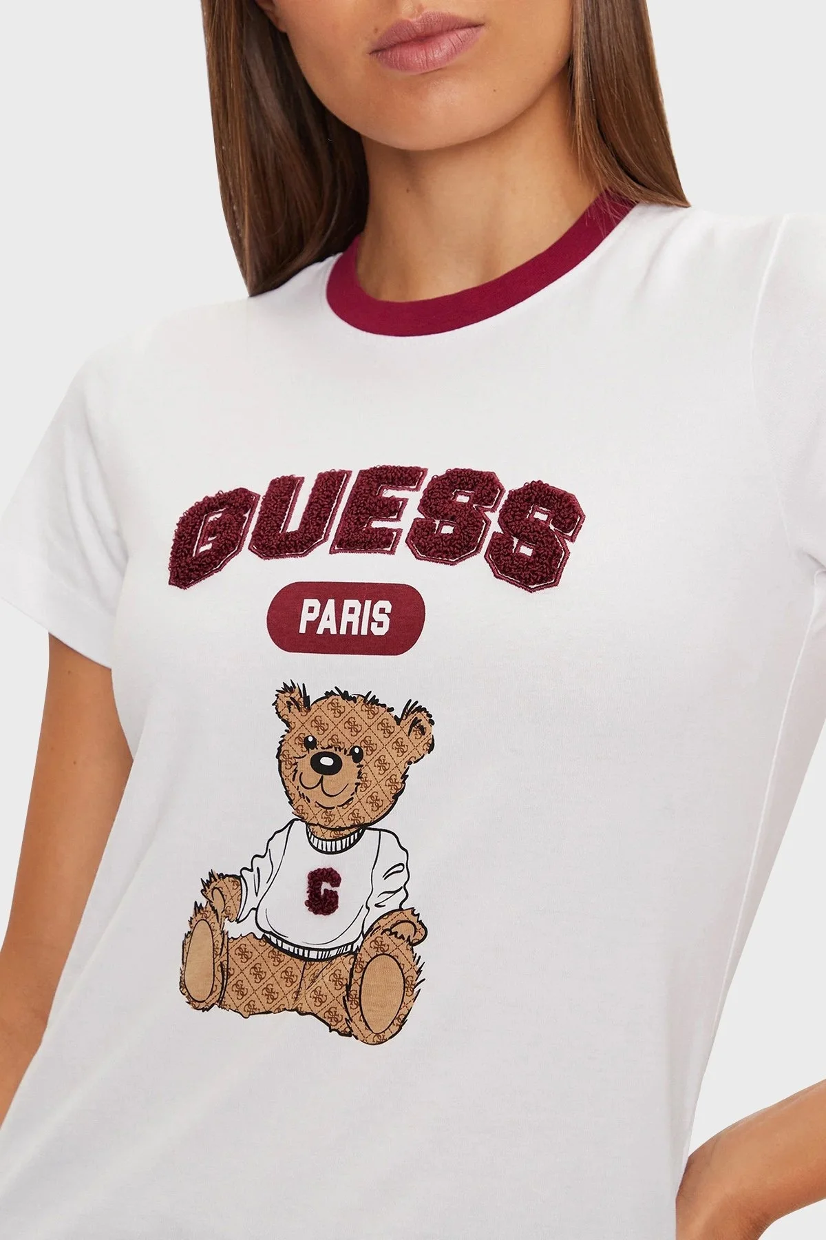 Guess Sarah % 100 Pamuk Slim Fit Bisiklet Yaka Crop V4BI10KA260 Bayan T Shirt V4BI10 KA260 G011 BEYAZ - 9