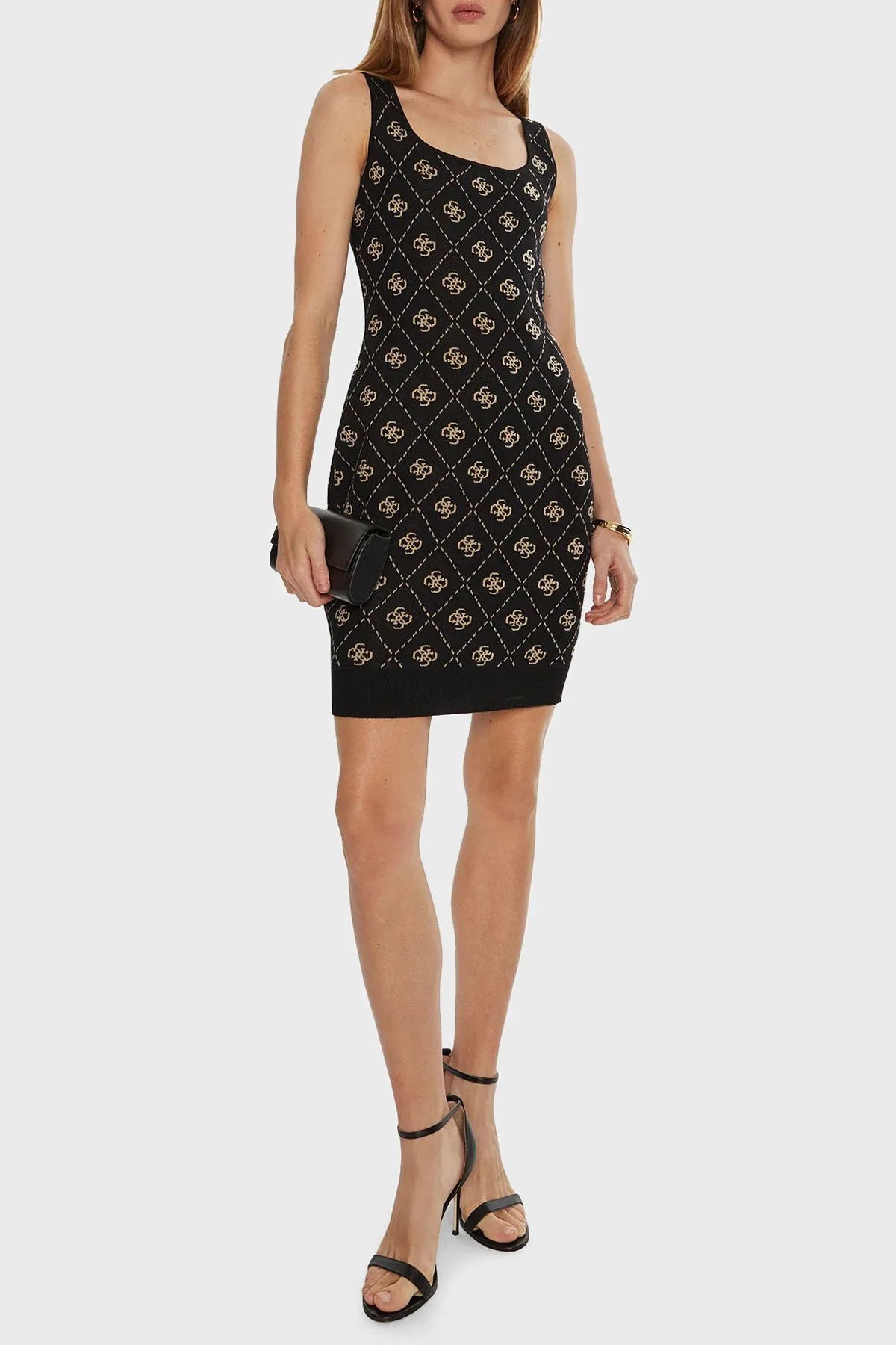 Guess Sarah 4G Logo Desenli Kalın Askılı Fitted Fit Mini Triko W4BK98Z3JD2 Kadın Elbise W4BK98 Z3JD2 FJ5Y SİYAH - 12