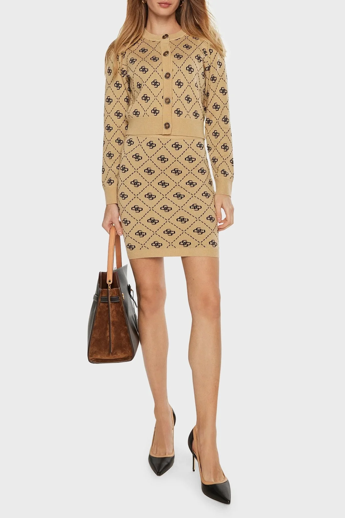 Guess Sarah 4G Logolu Yün Karışımlı Regular Fit Bisiklet Yaka Crop Triko W4BR0DZ3JD2 Bayan Hırka W4BR0D Z3JD2 FN3N SÜTLÜ KAHVE - 7