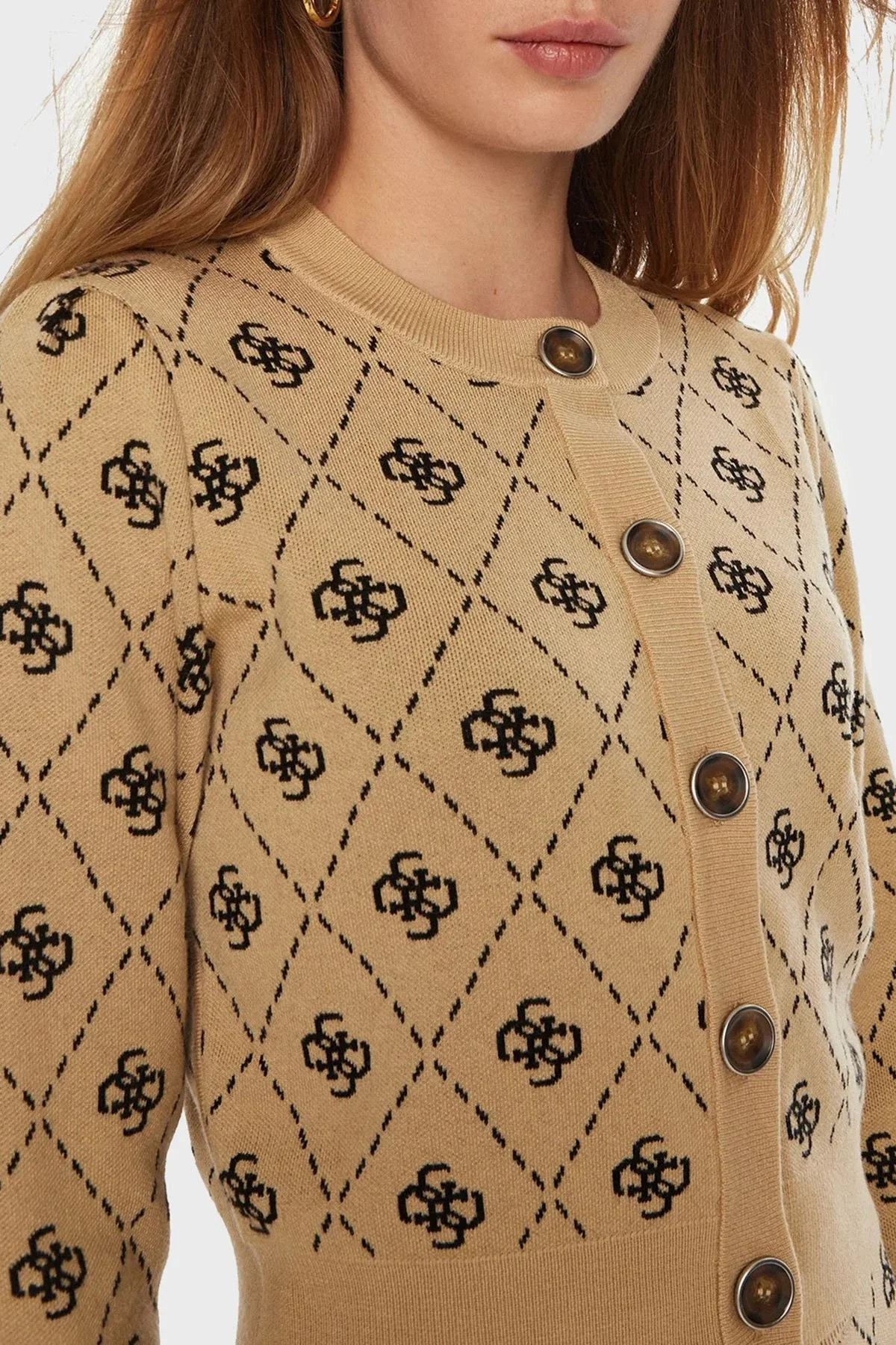 Guess Sarah 4G Logolu Yün Karışımlı Regular Fit Bisiklet Yaka Crop Triko W4BR0DZ3JD2 Bayan Hırka W4BR0D Z3JD2 FN3N SÜTLÜ KAHVE - 9