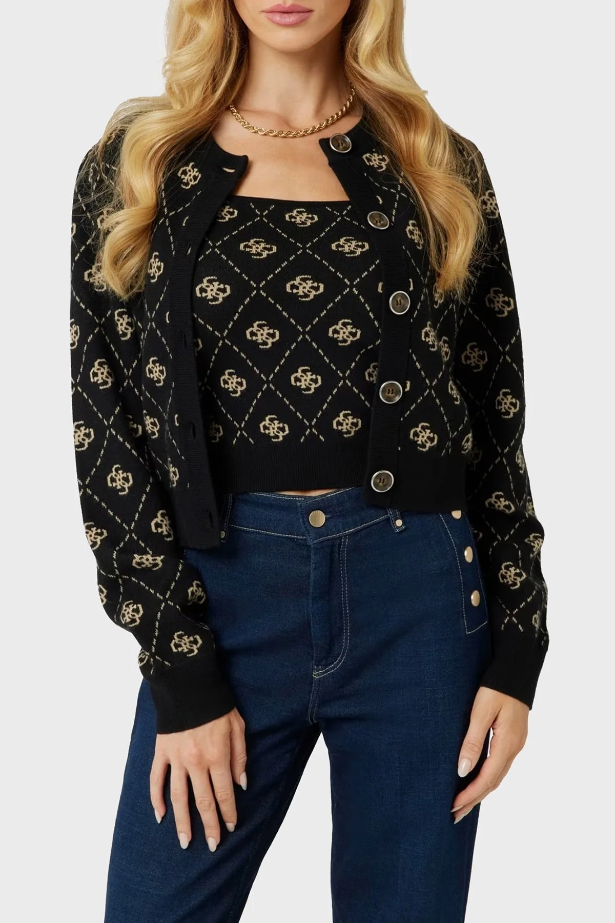 Guess Sarah 4G Yünlü Regular Fit Bisiklet Yaka W4BR0DZ3JD2 Bayan Hırka W4BR0D Z3JD2 FJ5Y SİYAH - 1