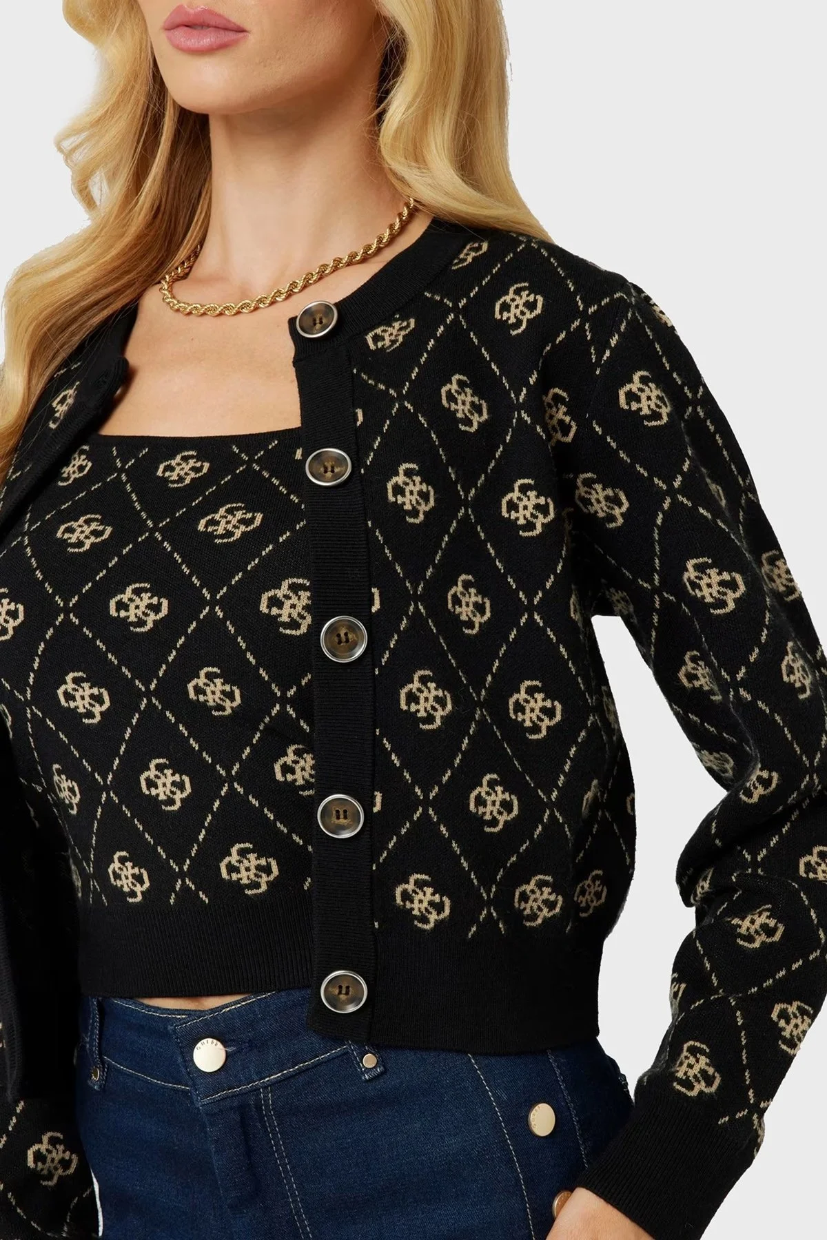Guess Sarah 4G Yünlü Regular Fit Bisiklet Yaka W4BR0DZ3JD2 Bayan Hırka W4BR0D Z3JD2 FJ5Y SİYAH - 4