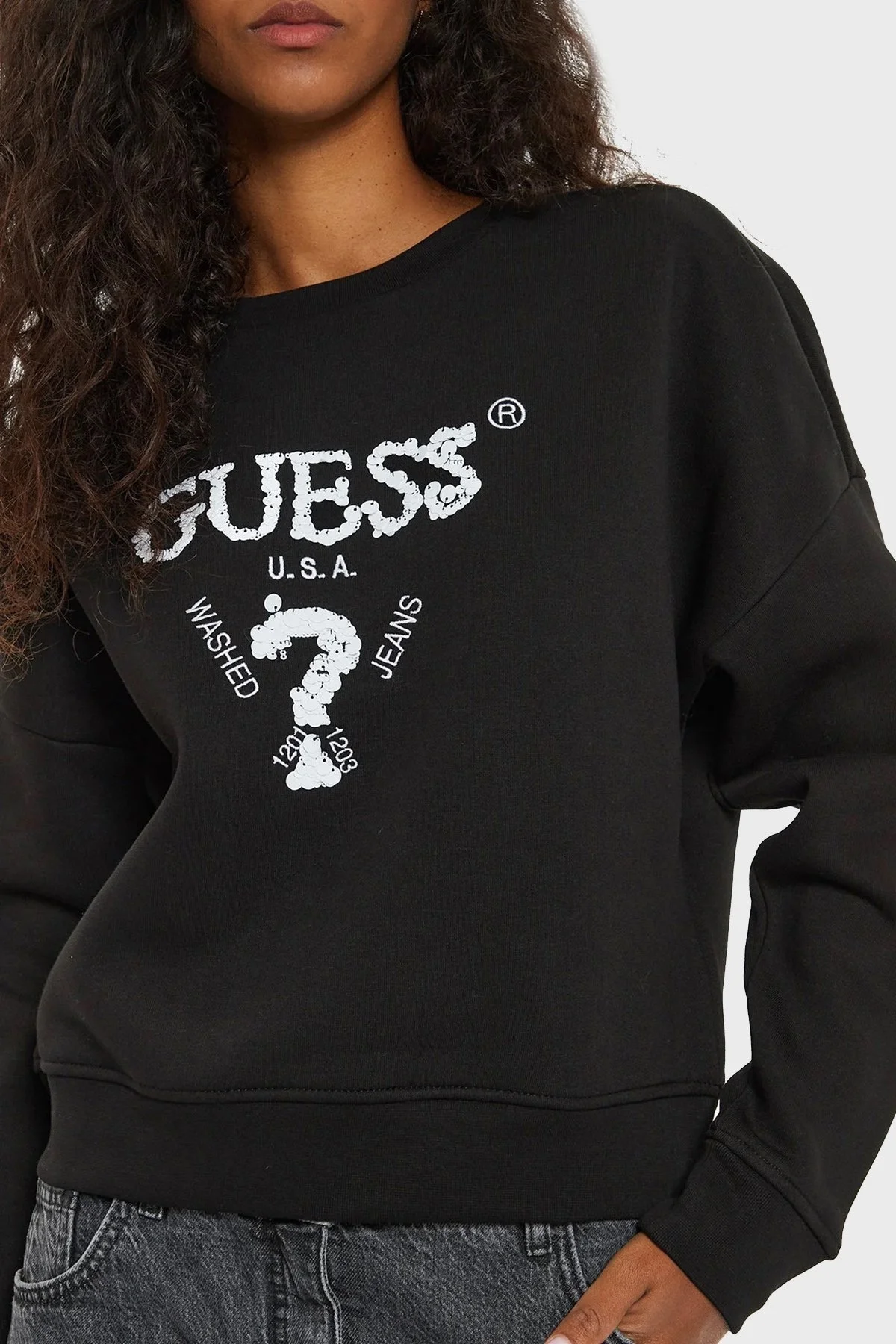 Guess Sarah CN Pamuklu Regular Fit Payetli V4BQ11KCHX0 Bayan Sweat V4BQ11 KCHX0 JBLK SİYAH - 4