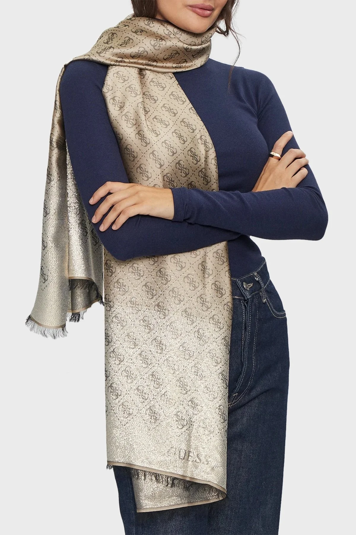 Guess Scarf Desenli Modal Karışımlı Parlak Görünümlü 80 x 180 cm AW5192MOD03 Bayan Şal AW5192 MOD03 BEI BEJ - 1