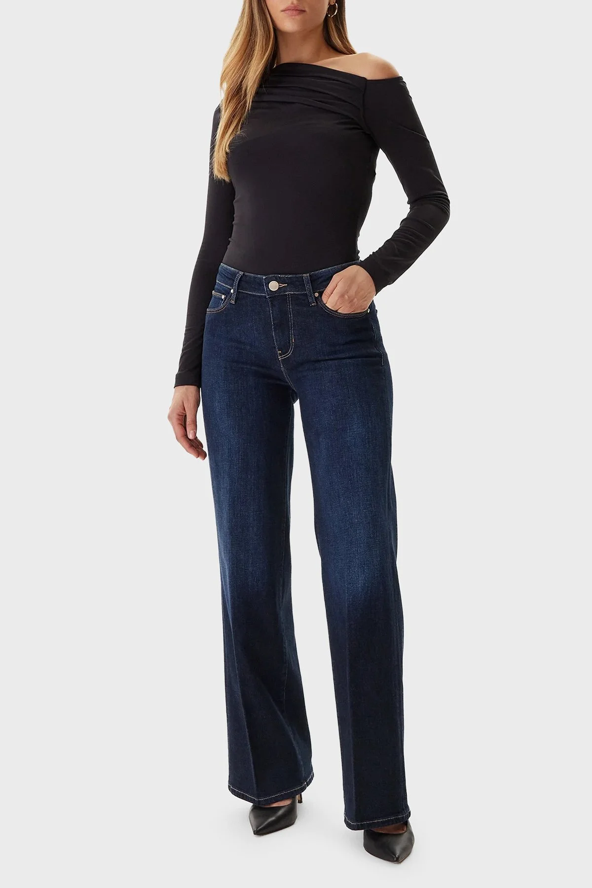 Guess Sexy Palazzo Pamuk ve Kaşmir Karışımlı Wide Leg Bol Paça W5BA96D4U54 Bayan Pantolon W5BA96 D4U54 CADA LACİVERT - 2