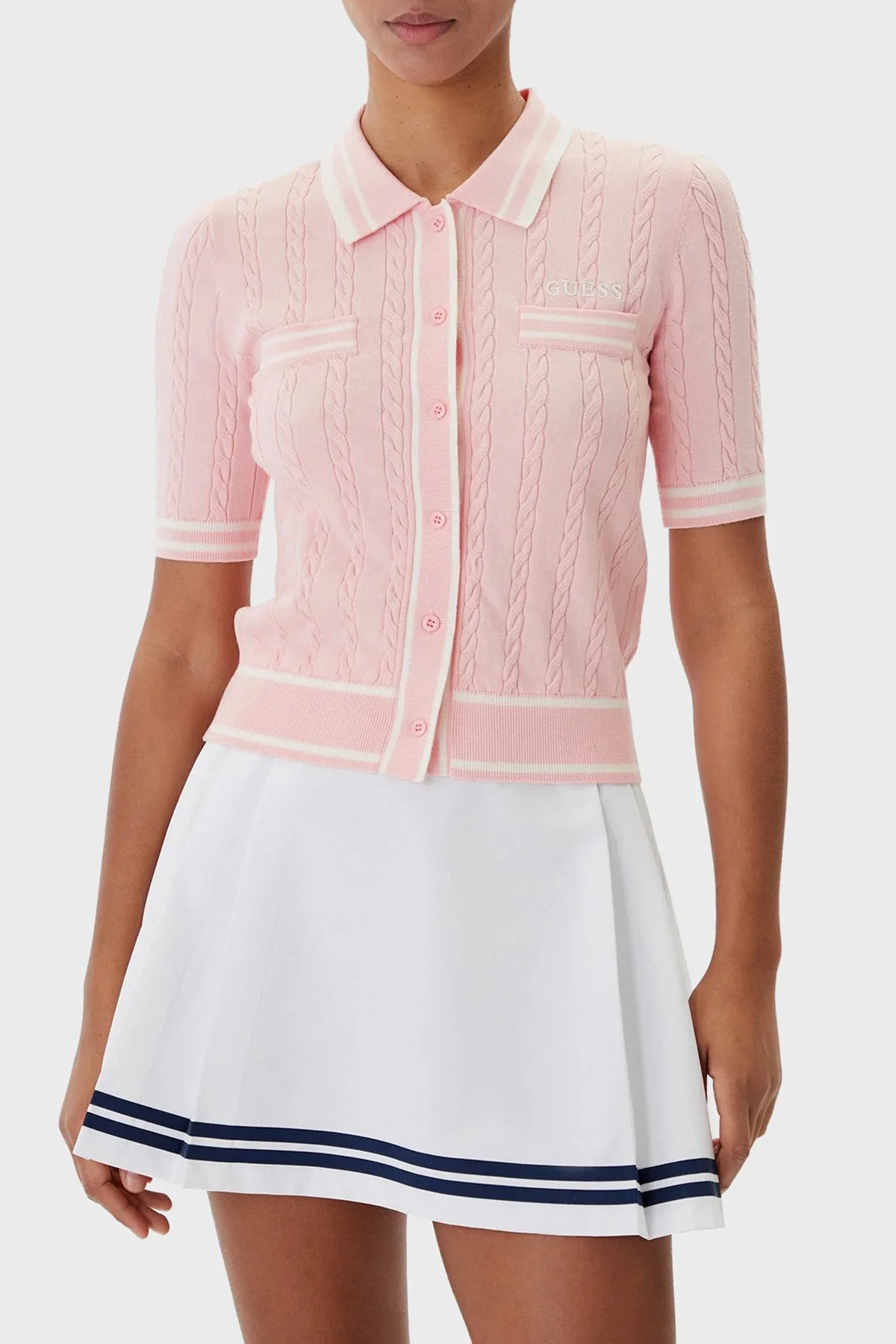 Guess Shari Logolu Slim Fit Örgü Detaylı Kısa Kollu Triko V6RR02Z4652 Bayan Hırka V6RR02 Z4652 G66E PEMBE - 1