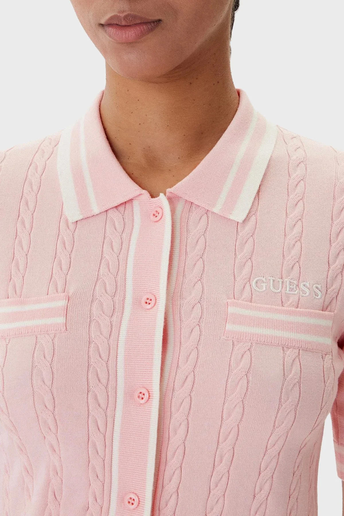 Guess Shari Logolu Slim Fit Örgü Detaylı Kısa Kollu Triko V6RR02Z4652 Bayan Hırka V6RR02 Z4652 G66E PEMBE - 4
