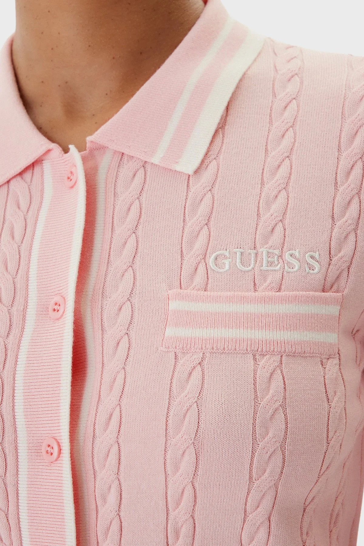 Guess Shari Logolu Slim Fit Örgü Detaylı Kısa Kollu Triko V6RR02Z4652 Bayan Hırka V6RR02 Z4652 G66E PEMBE - 5