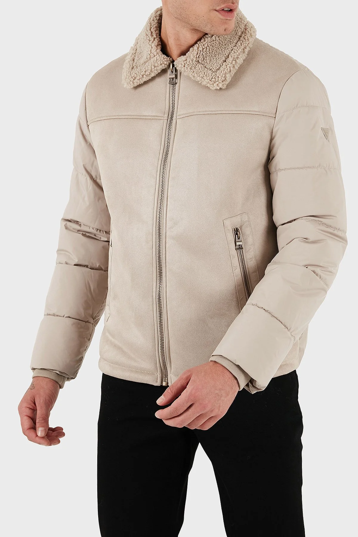 Guess Shearling Logolu Regular Fit Ceket Yaka Fermuarlı M5BL79W2292 Erkek Mont M5BL79 W2292 G1CA BEJ - 4