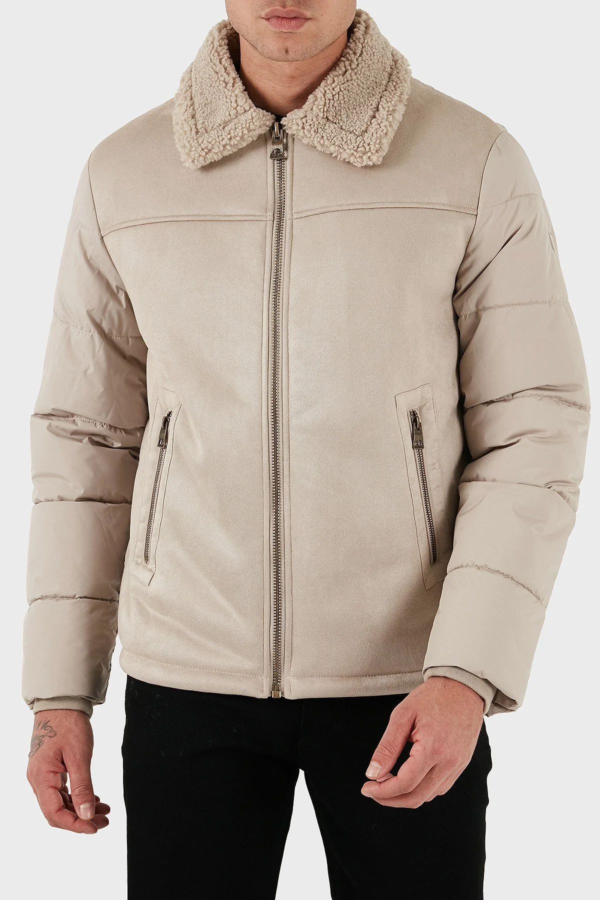 Guess Shearling Logolu Regular Fit Ceket Yaka Fermuarlı M5BL79W2292 Erkek Mont M5BL79 W2292 G1CA BEJ - 1