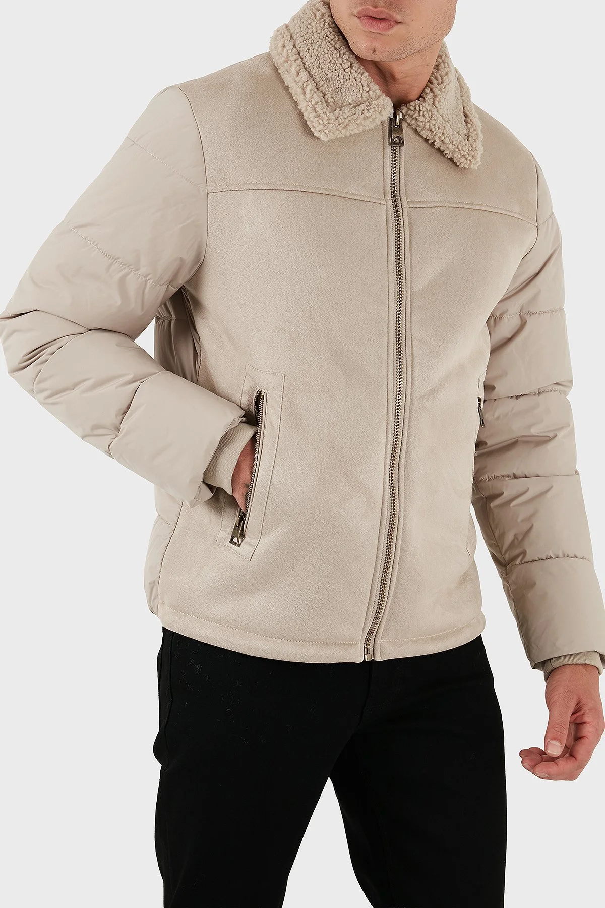 Guess Shearling Logolu Regular Fit Ceket Yaka Fermuarlı M5BL79W2292 Erkek Mont M5BL79 W2292 G1CA BEJ - 5