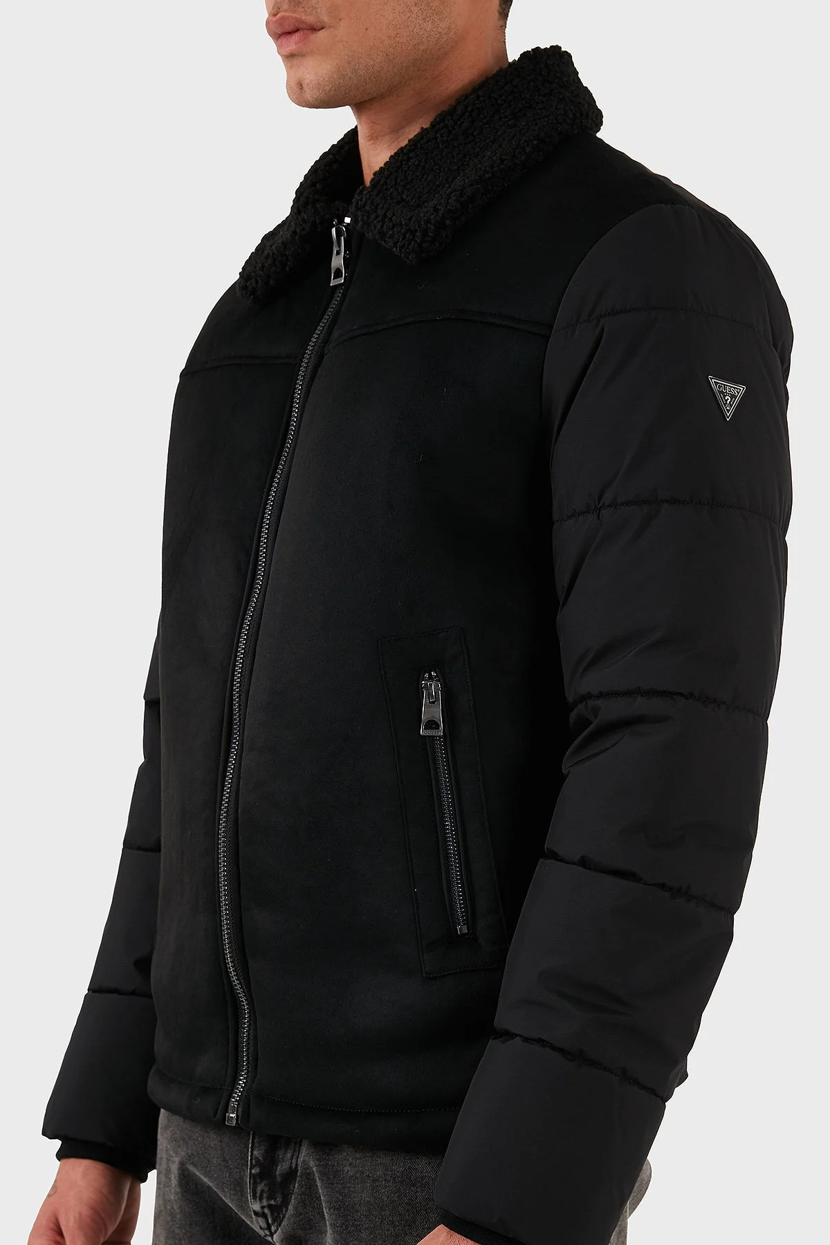 Guess Shearling Logolu Regular Fit Ceket Yaka Fermuarlı M5BL79W2292 Erkek Mont M5BL79 W2292 JBLK SİYAH - 4